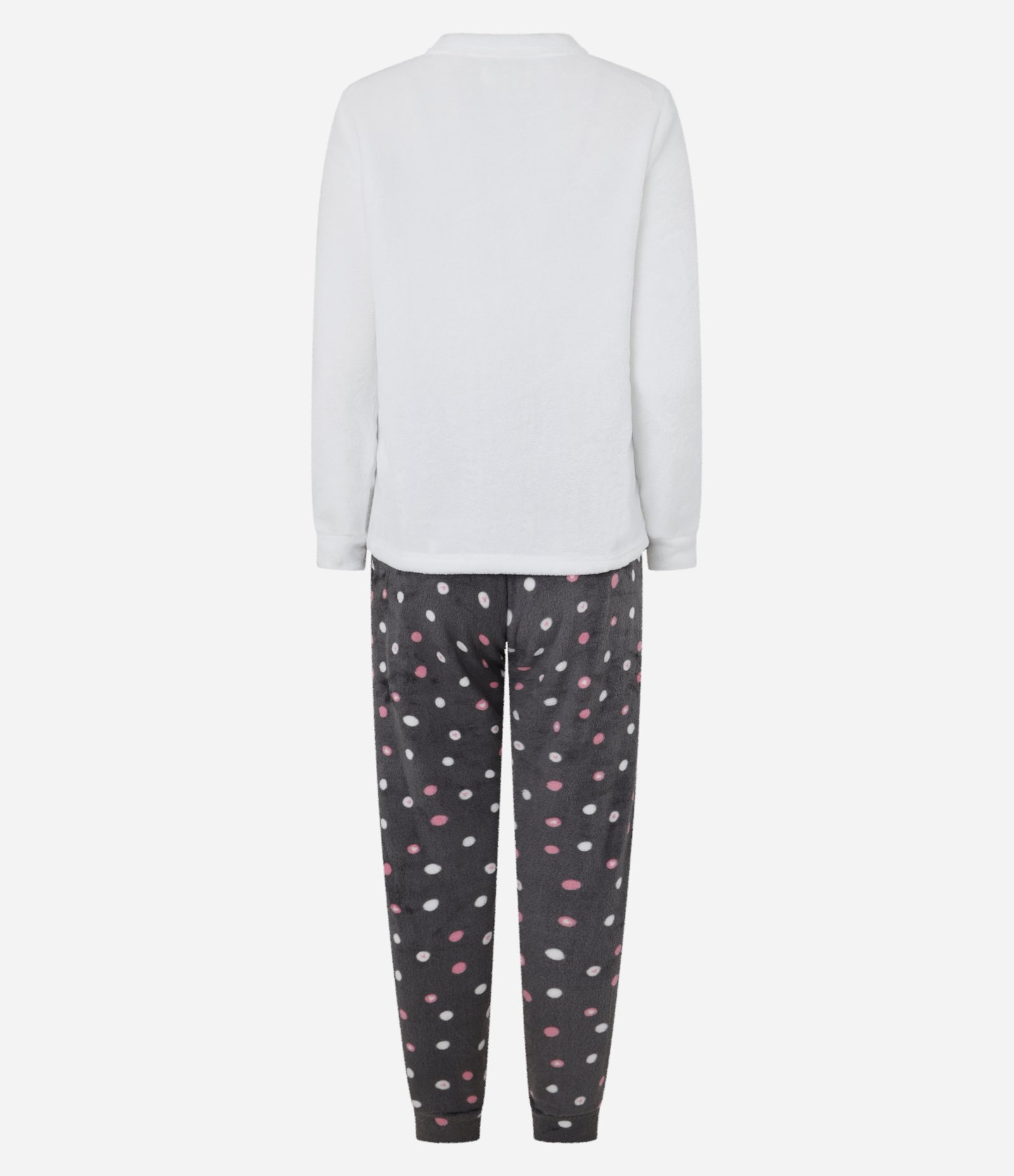 Pijama Longo em Fleece com Bordado de Gatinho e Pizza Branco/Cinza 3