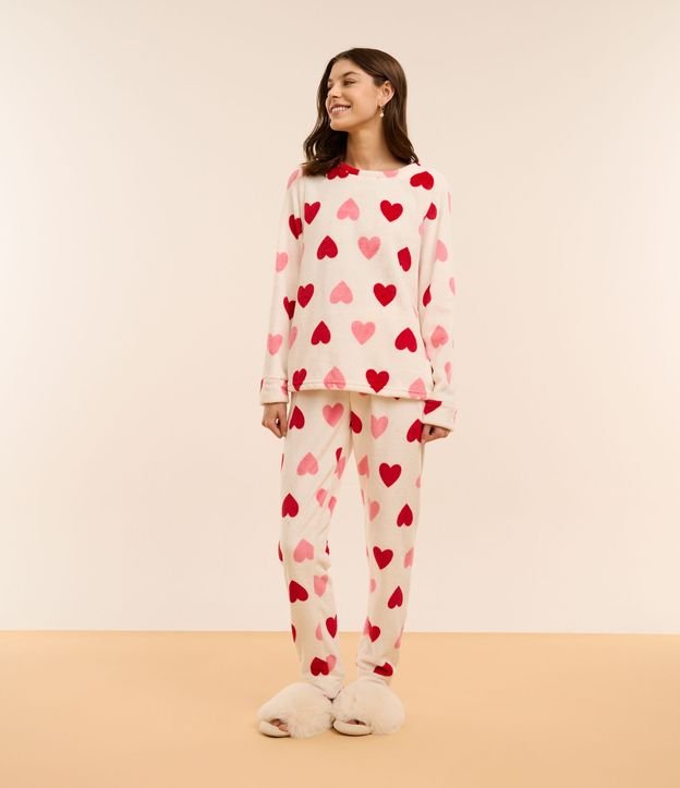 Pijama Longo em Fleece Estampado de Coração