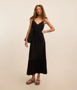 Vestido Long midi em Algodão com Costas Abertas e Babado na Barra