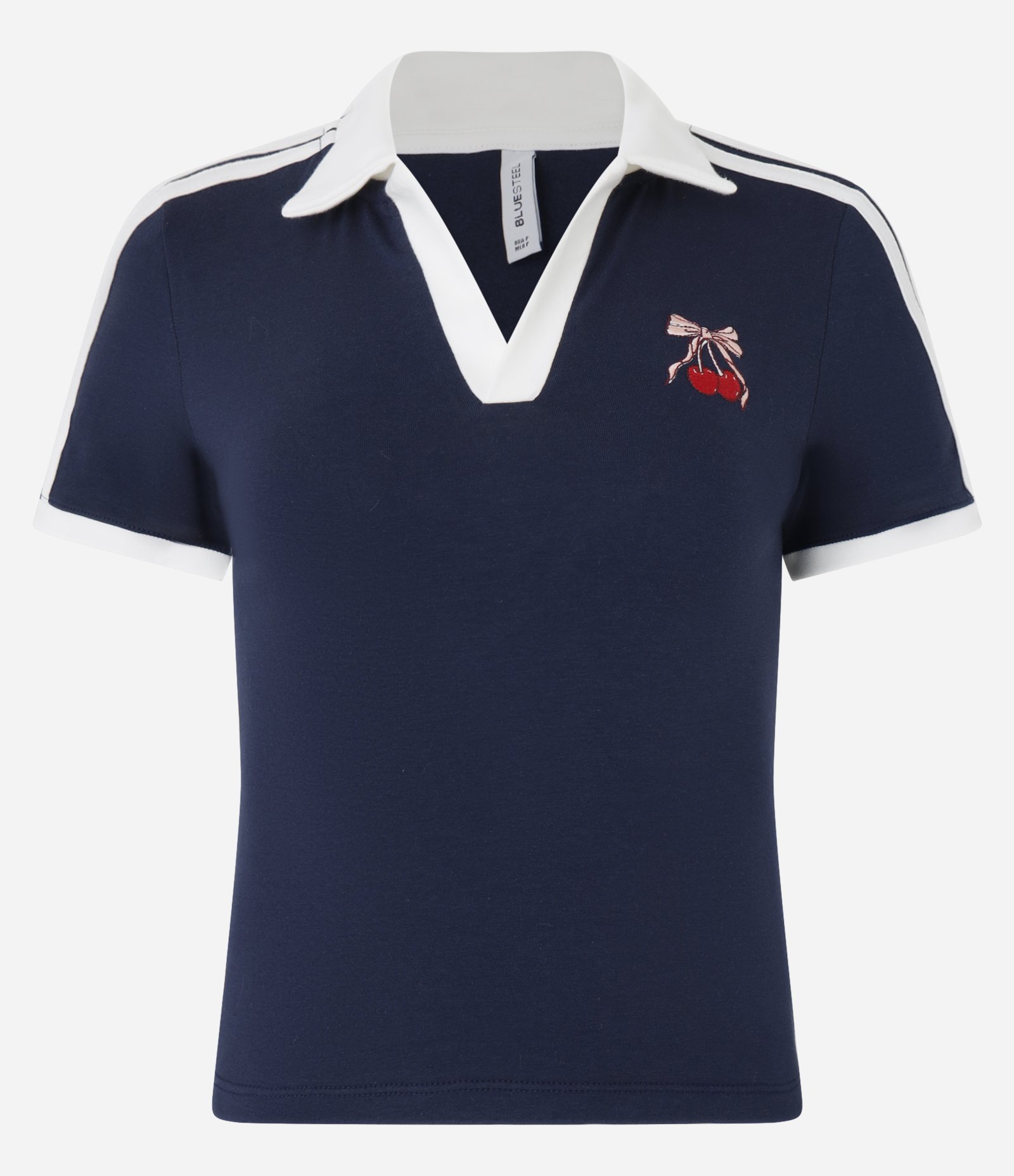 Blusa Cropped em Algodão com Gola Polo e Bordado de Cerejinhas Azul 5