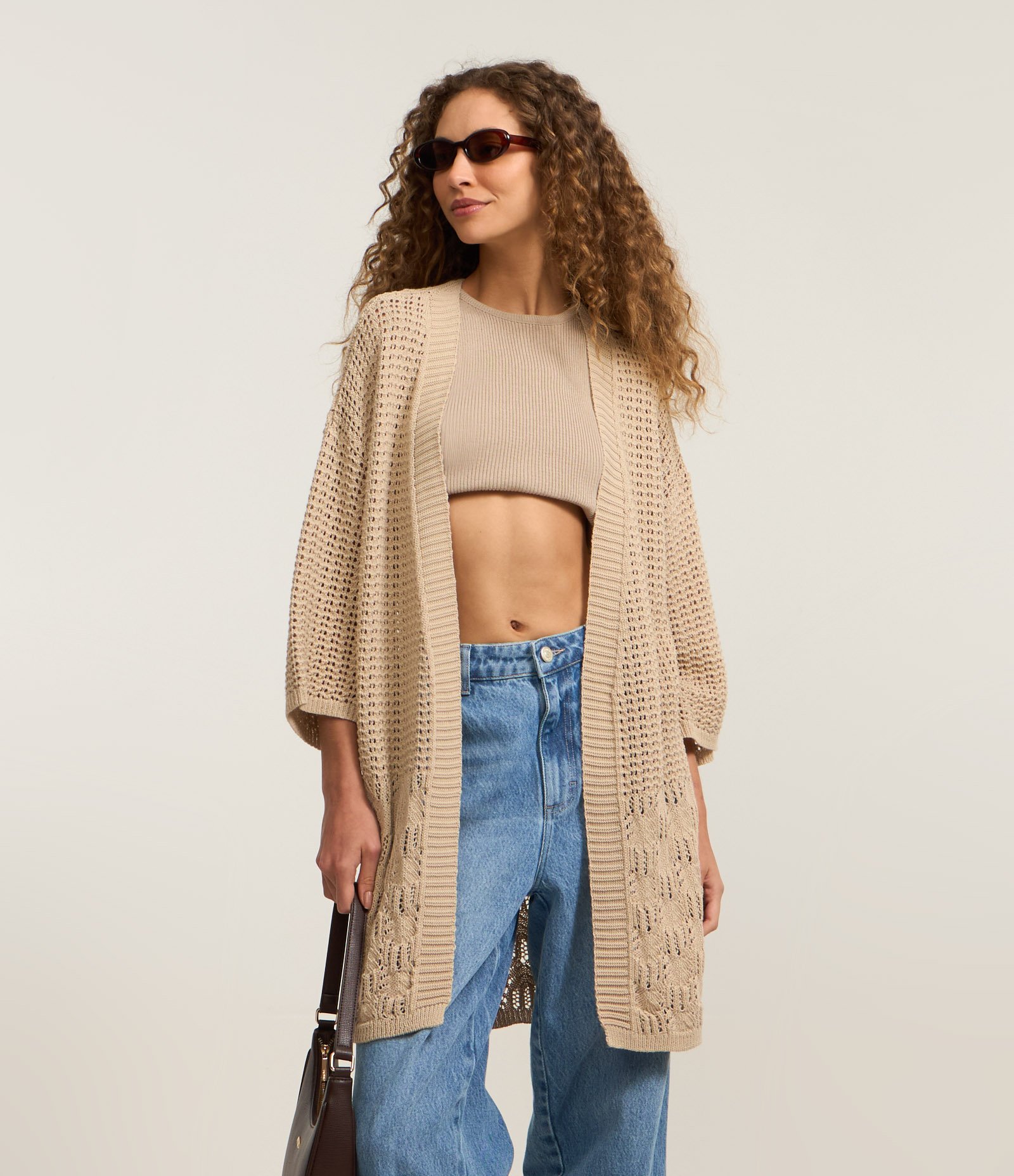 Kimono Alongado em Tricô com Mix de Pontos Bege 1