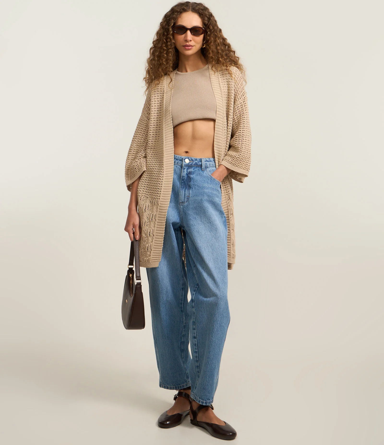 Kimono Alongado em Tricô com Mix de Pontos Bege 2