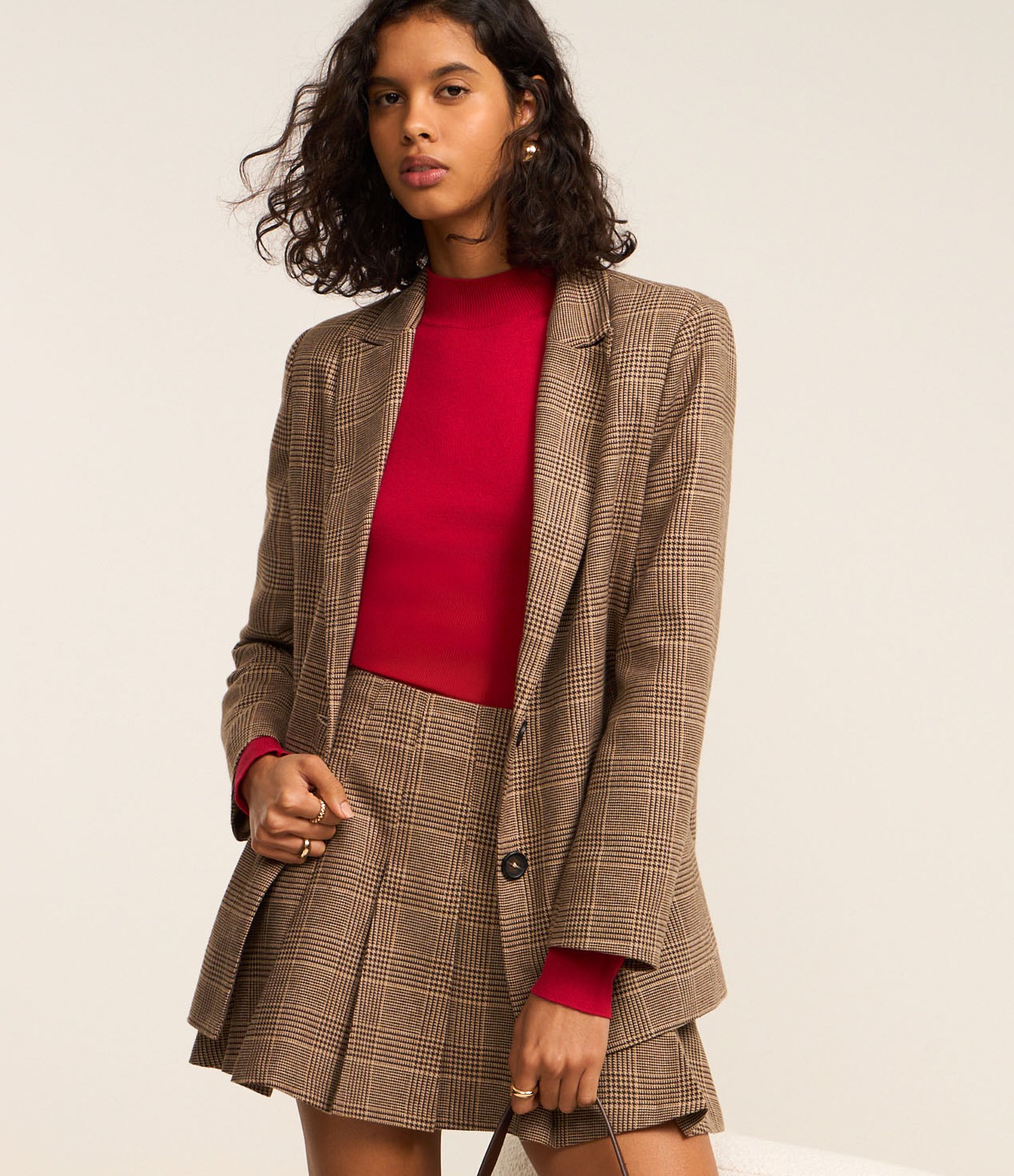 Blazer Oversized em Polivelour Xadrez Príncipe de Gales Marrom 1
