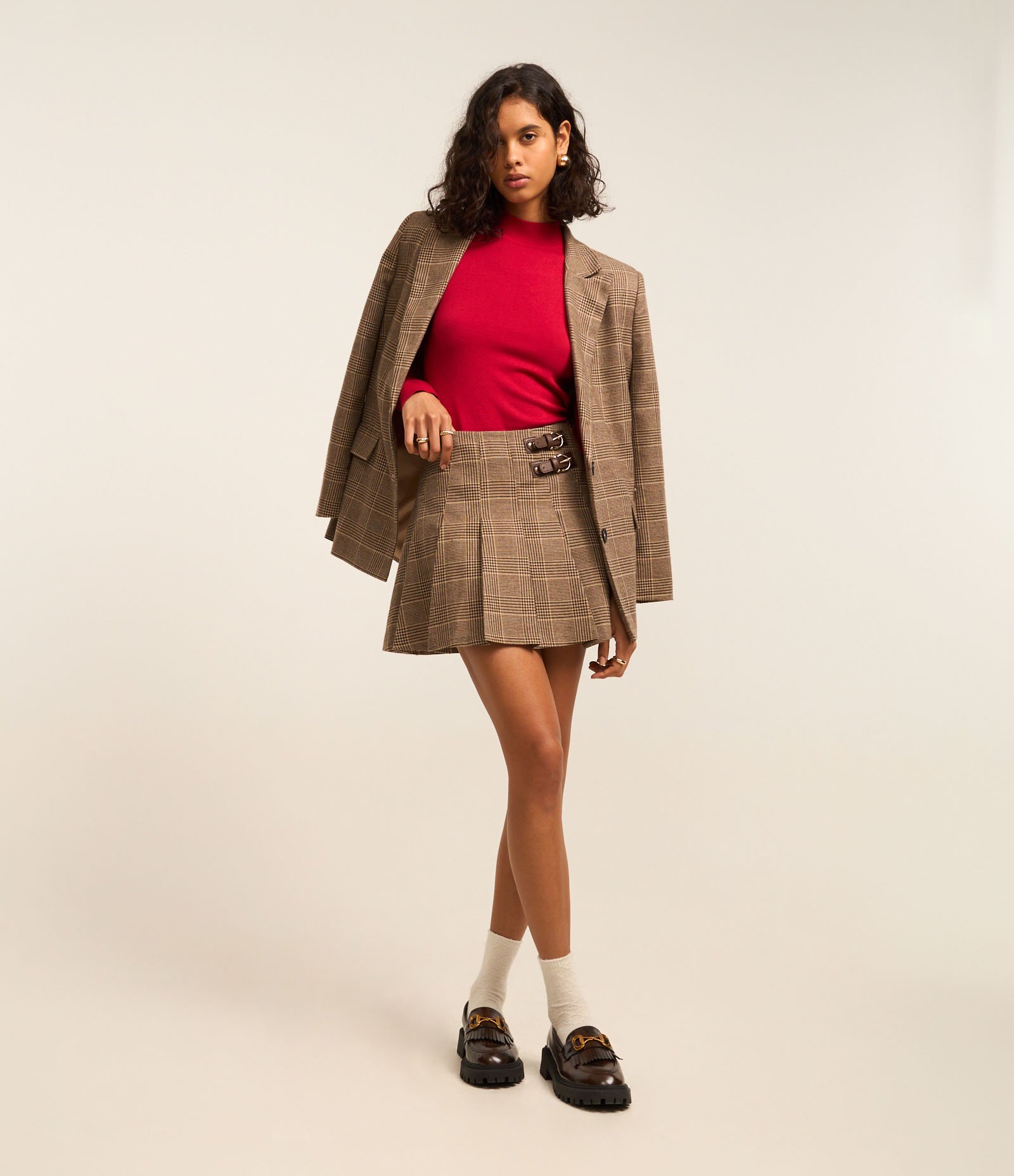 Blazer Oversized em Polivelour Xadrez Príncipe de Gales Marrom 2