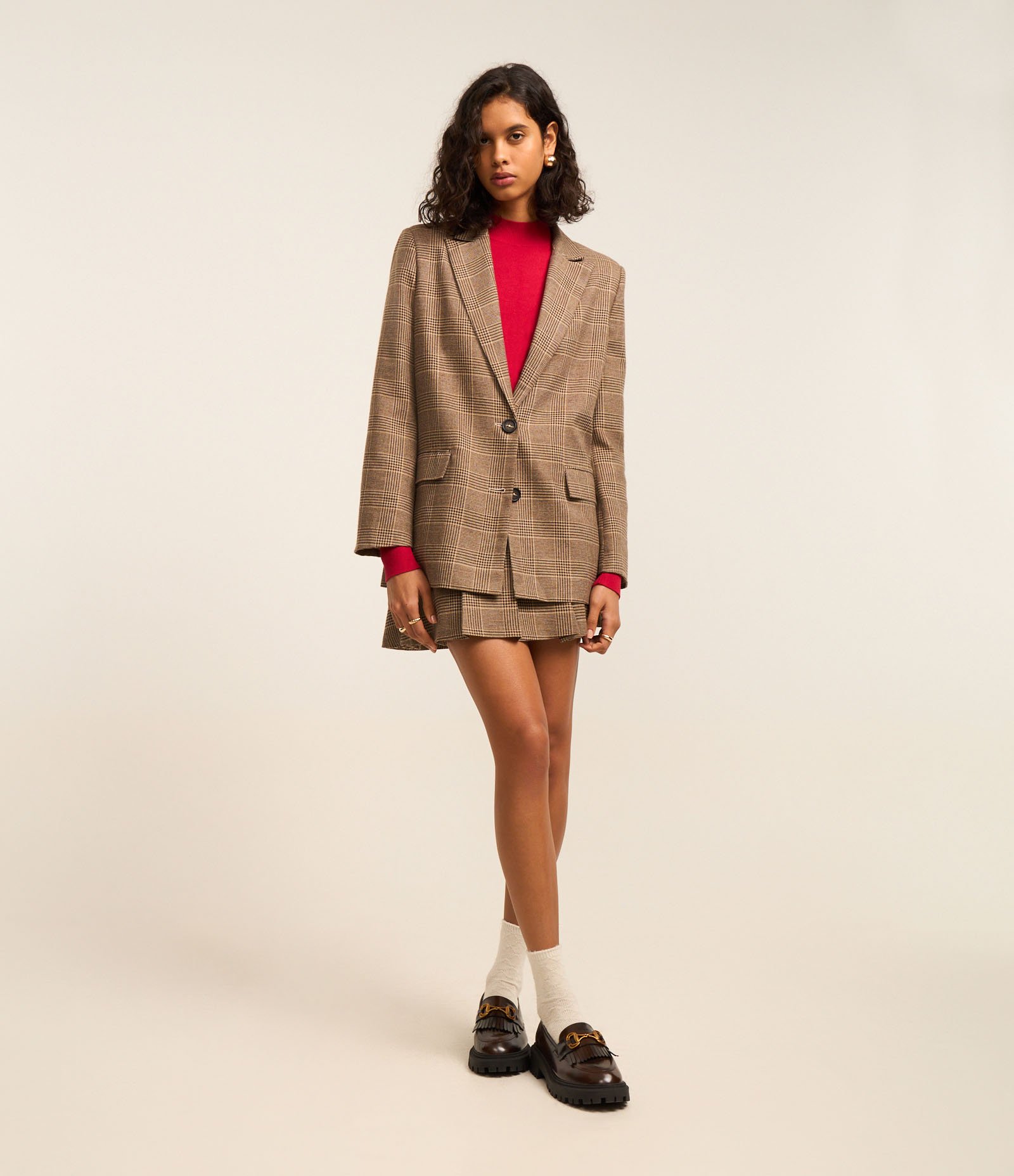 Blazer Oversized em Polivelour Xadrez Príncipe de Gales Marrom 5