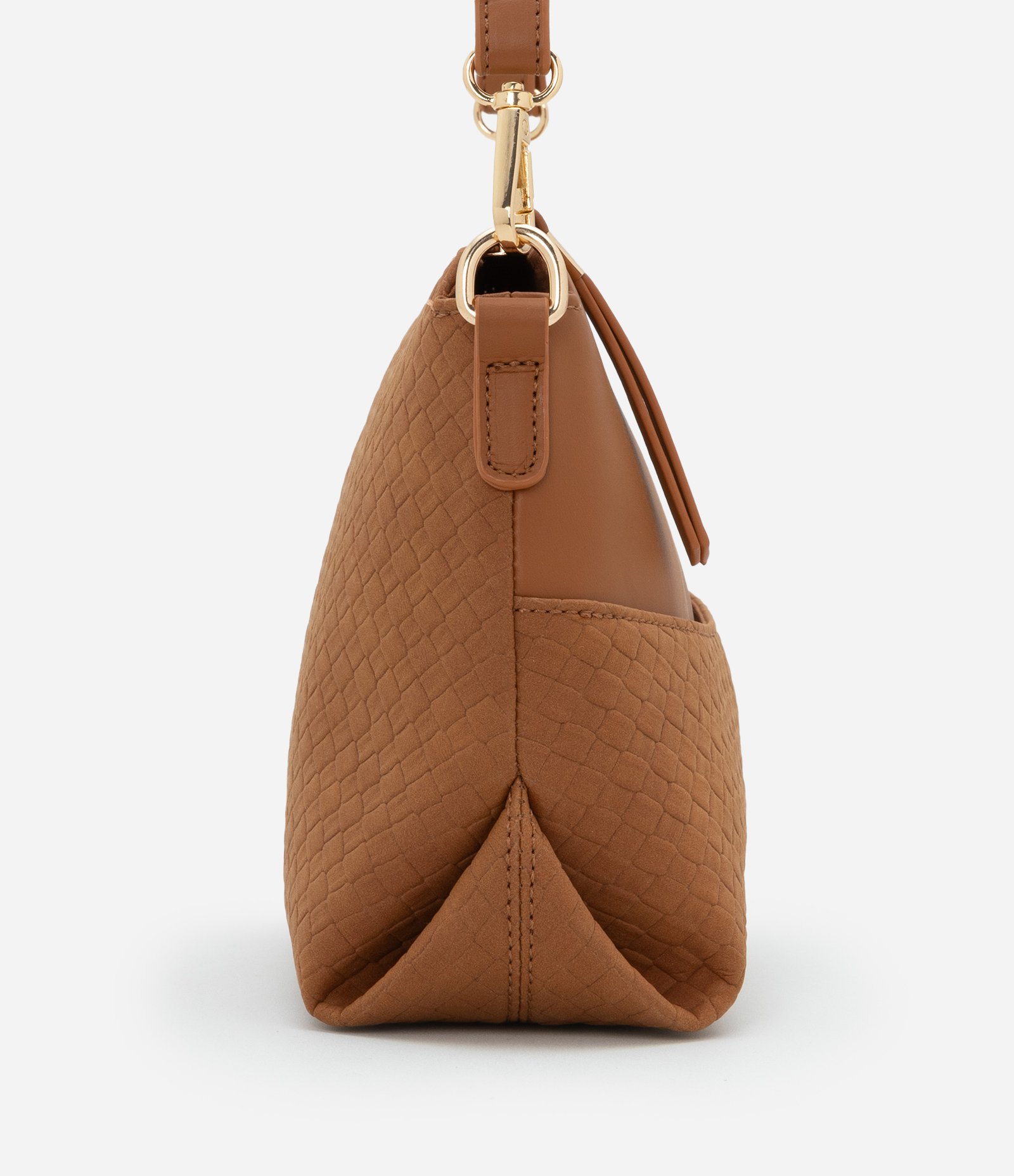 Bolsa Transversal Pequena em PU com Detalhe Texturizado Marrom Claro 2