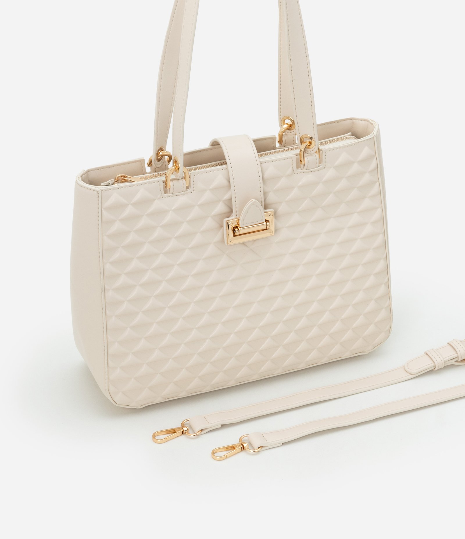 Bolsa Satchel Média em PU com Fivela Frontal e Texturas Off White 9