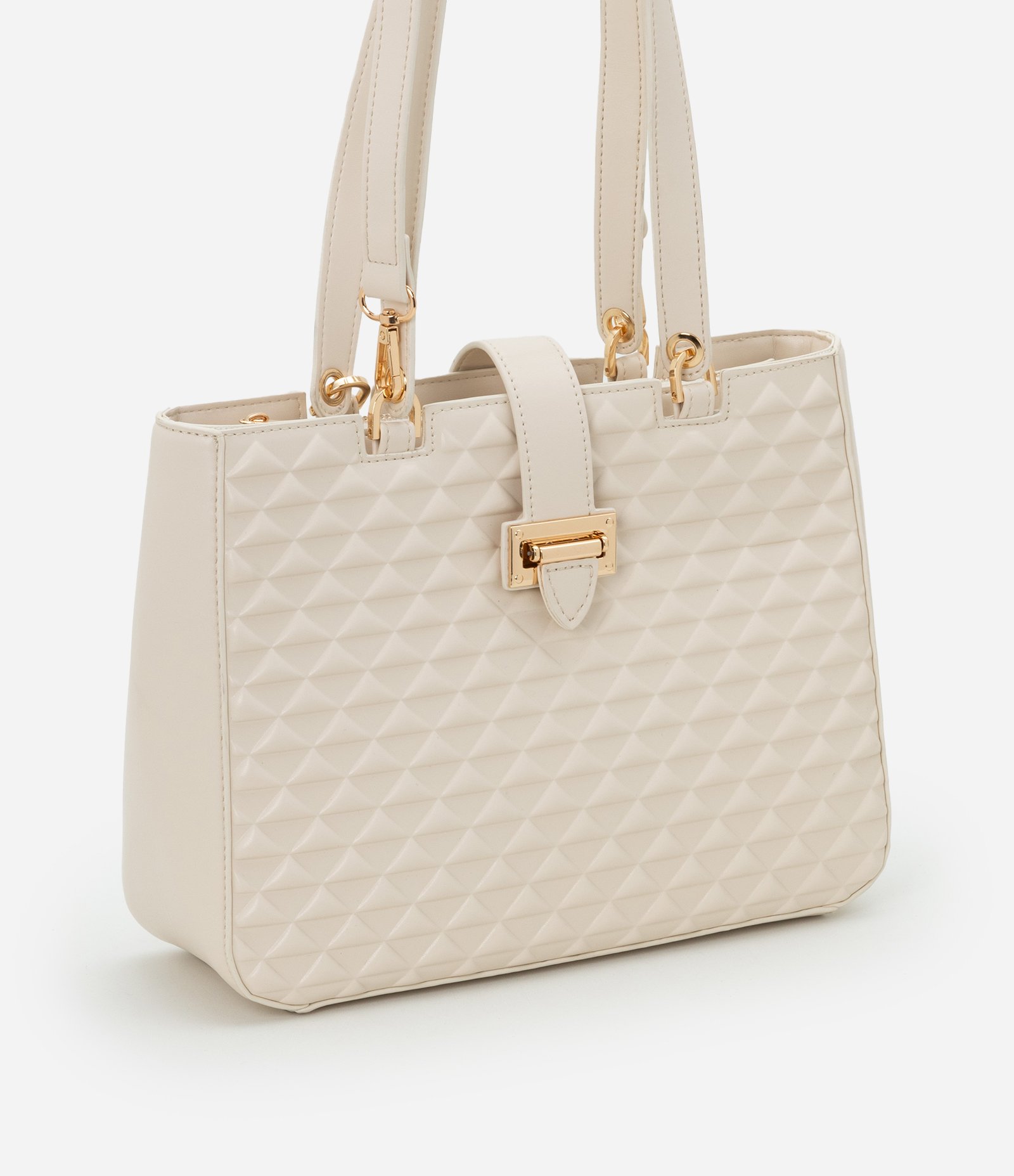 Bolsa Satchel Média em PU com Fivela Frontal e Texturas Off White 2