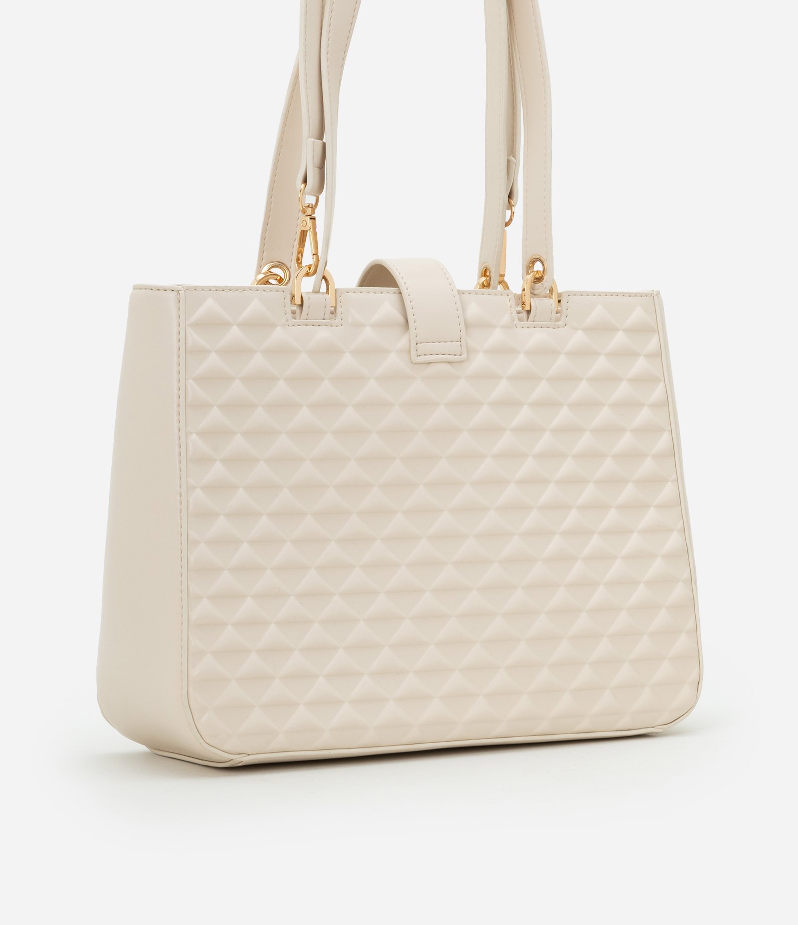 Bolsa Satchel Média em PU com Fivela Frontal e Texturas Off White 4