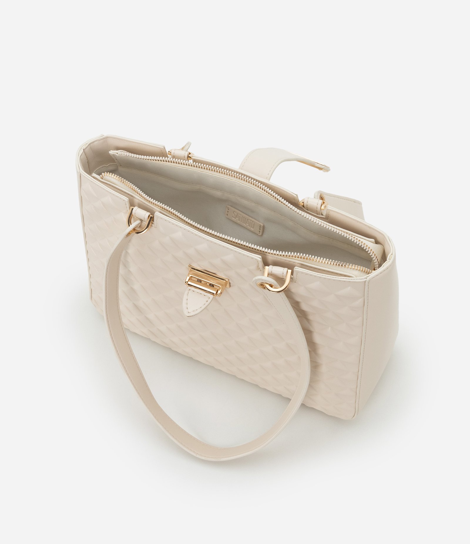 Bolsa Satchel Média em PU com Fivela Frontal e Texturas Off White 5