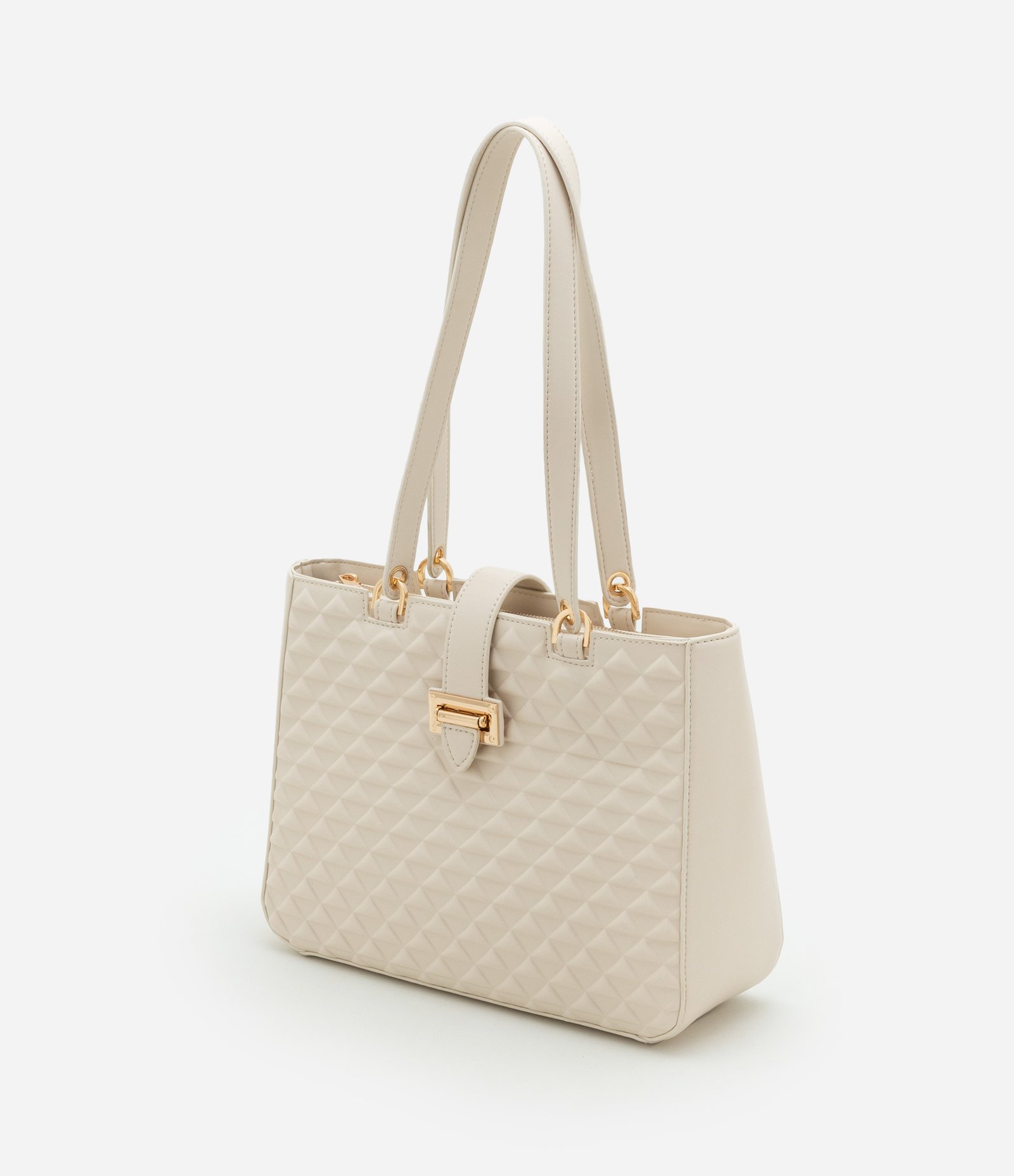 Bolsa Satchel Média em PU com Fivela Frontal e Texturas Off White 7