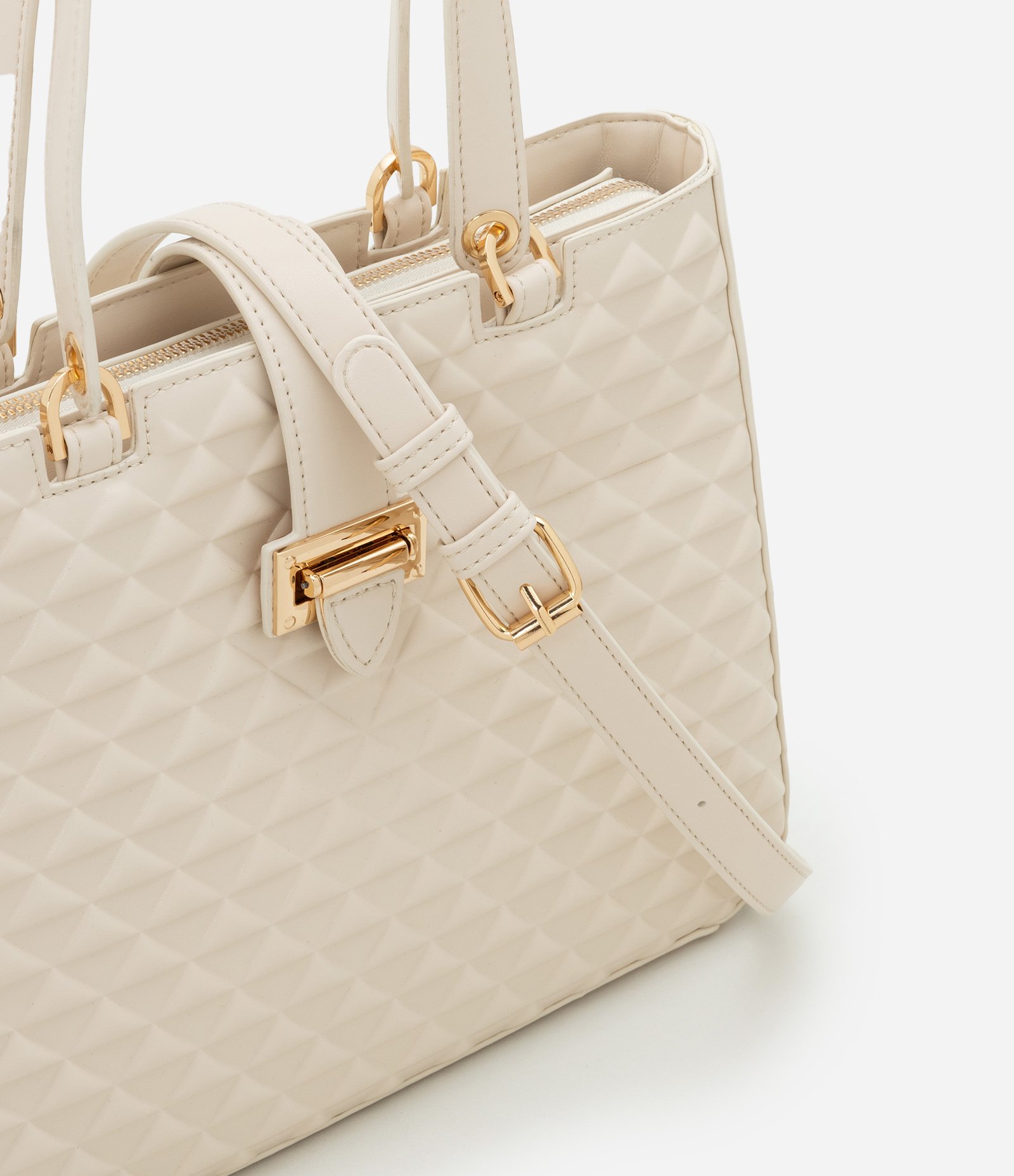 Bolsa Satchel Média em PU com Fivela Frontal e Texturas Off White 8