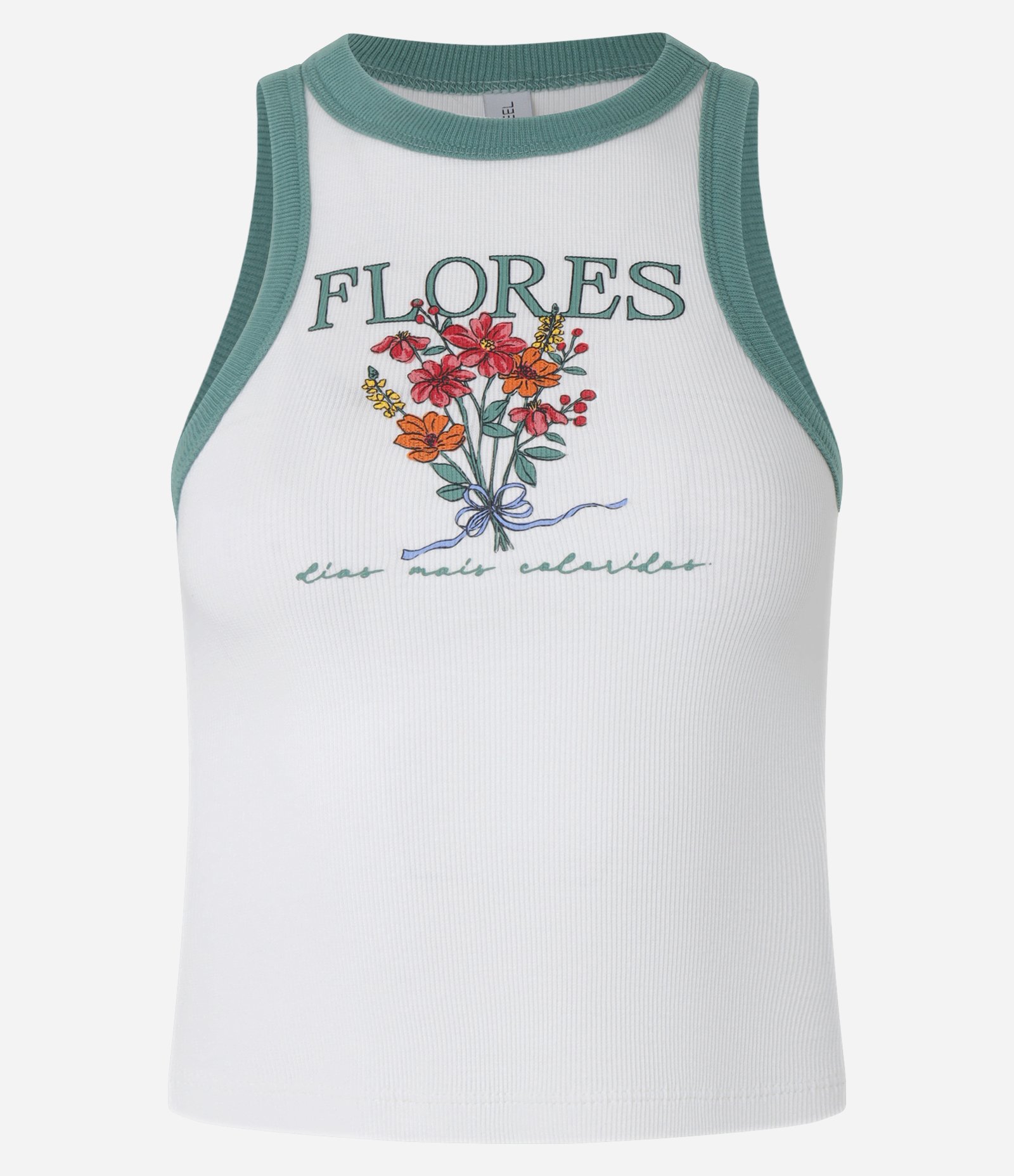 Regata em Algodão com Viés Contrastante e Estampa de Flores Branco/Verde 5