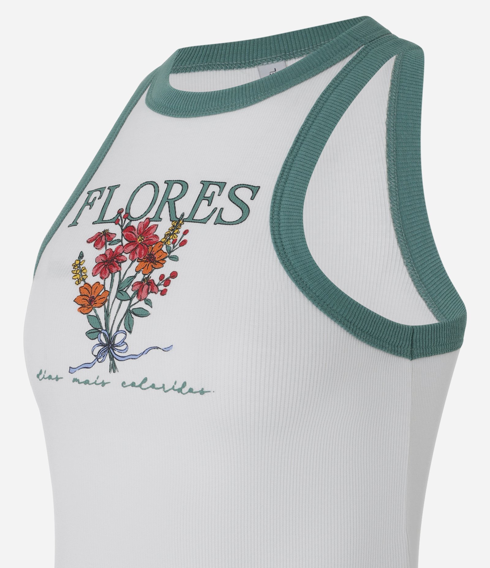Regata em Algodão com Viés Contrastante e Estampa de Flores Branco/Verde 6