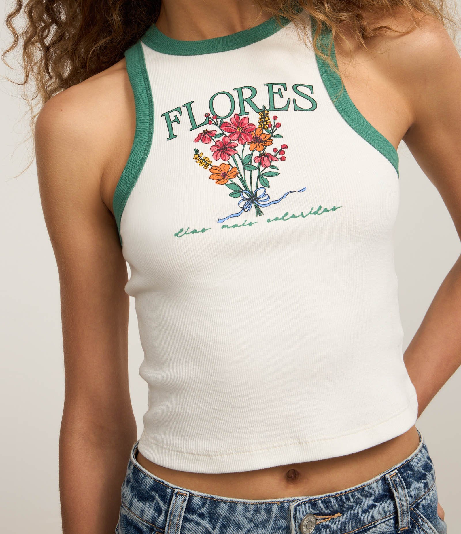 Regata em Algodão com Viés Contrastante e Estampa de Flores Branco/Verde 3
