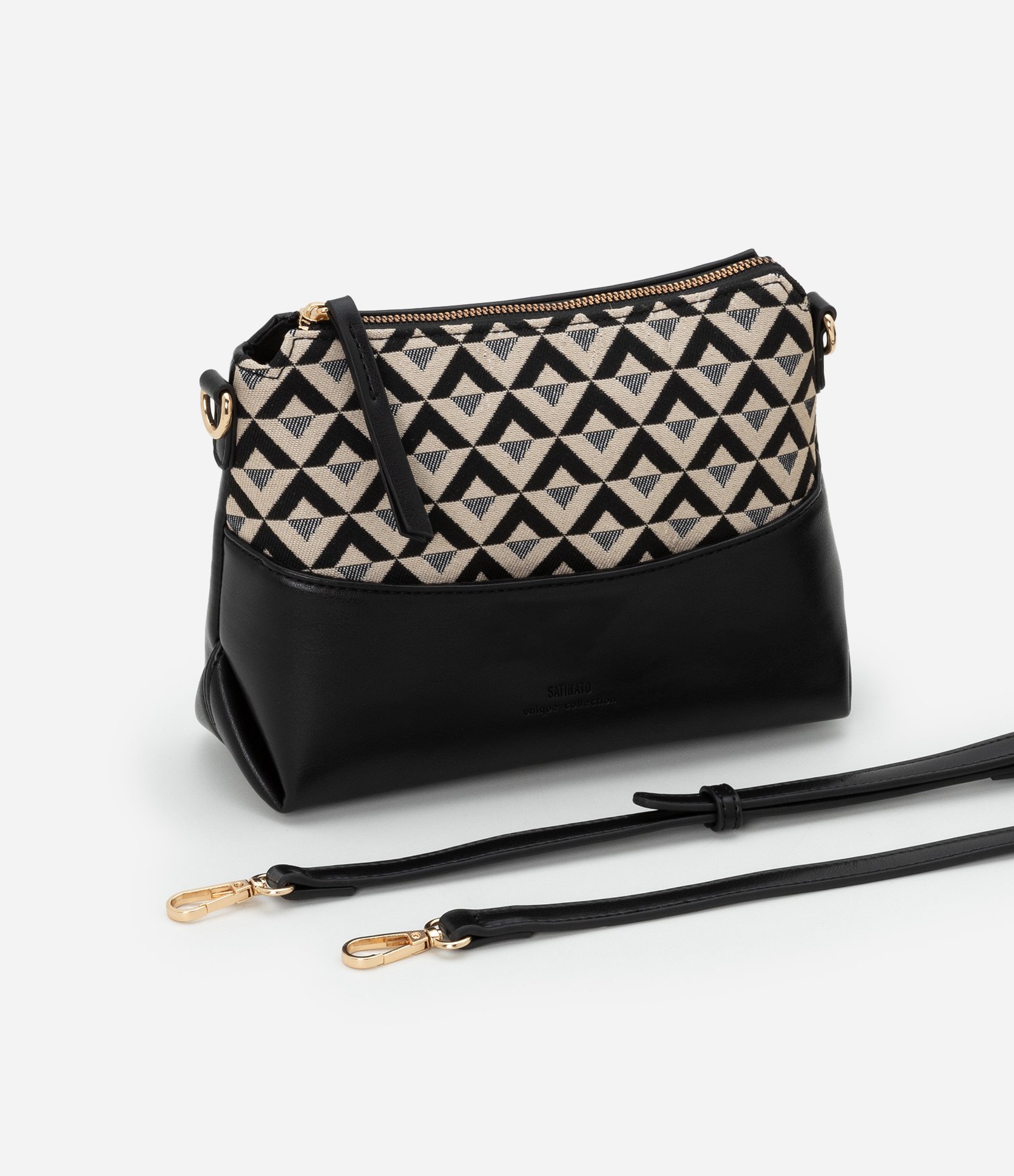 Bolsa Pequena em PU com Alça Transversal e Recorte e Jacquard Preto/ Off White 8