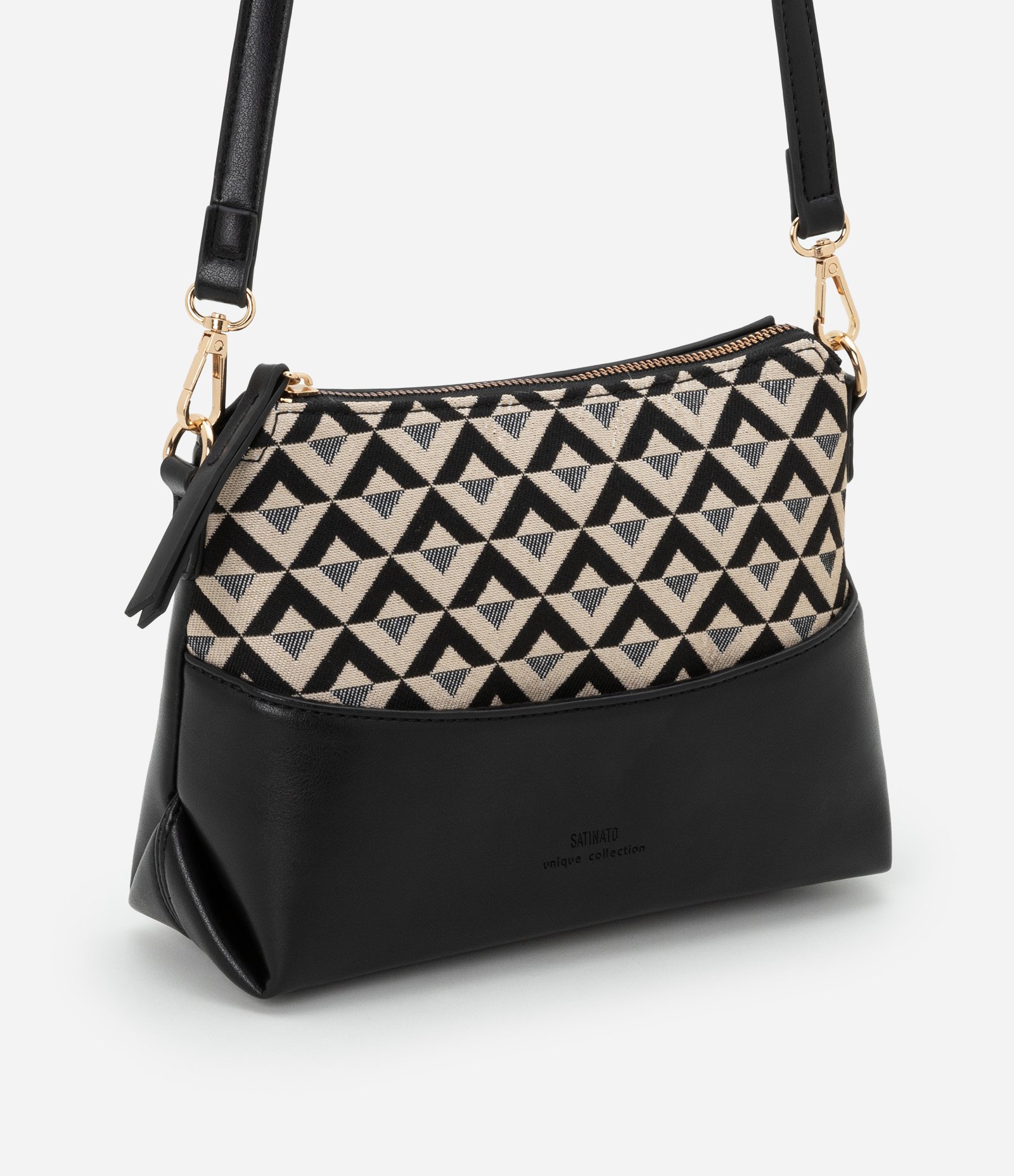 Bolsa Pequena em PU com Alça Transversal e Recorte e Jacquard Preto/ Off White 1