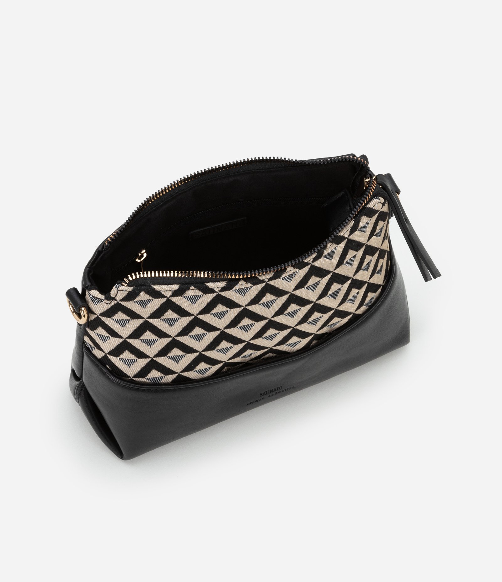 Bolsa Pequena em PU com Alça Transversal e Recorte e Jacquard Preto/ Off White 5