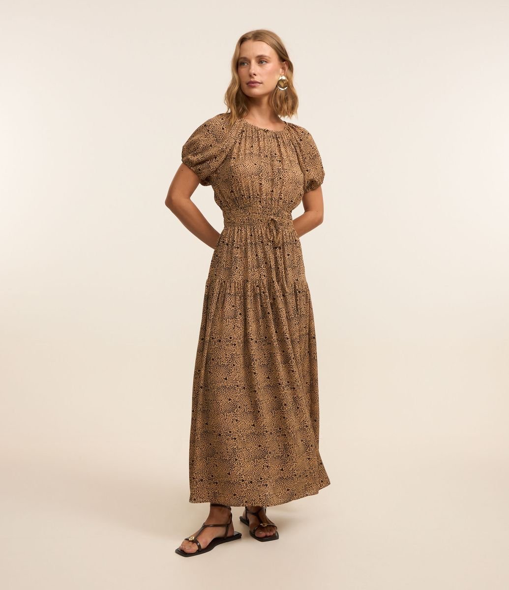 Vestido Midi em Crepe Estampado Animal Print Onça Marrom