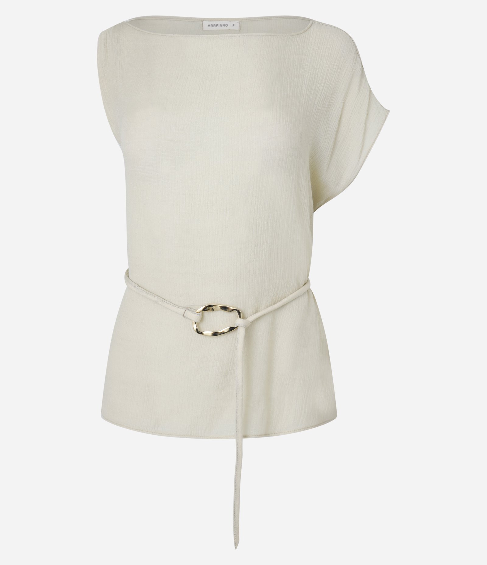 Blusa em Viscose com Manga Única e Cinto de Fivela Diferenciada Bege 6