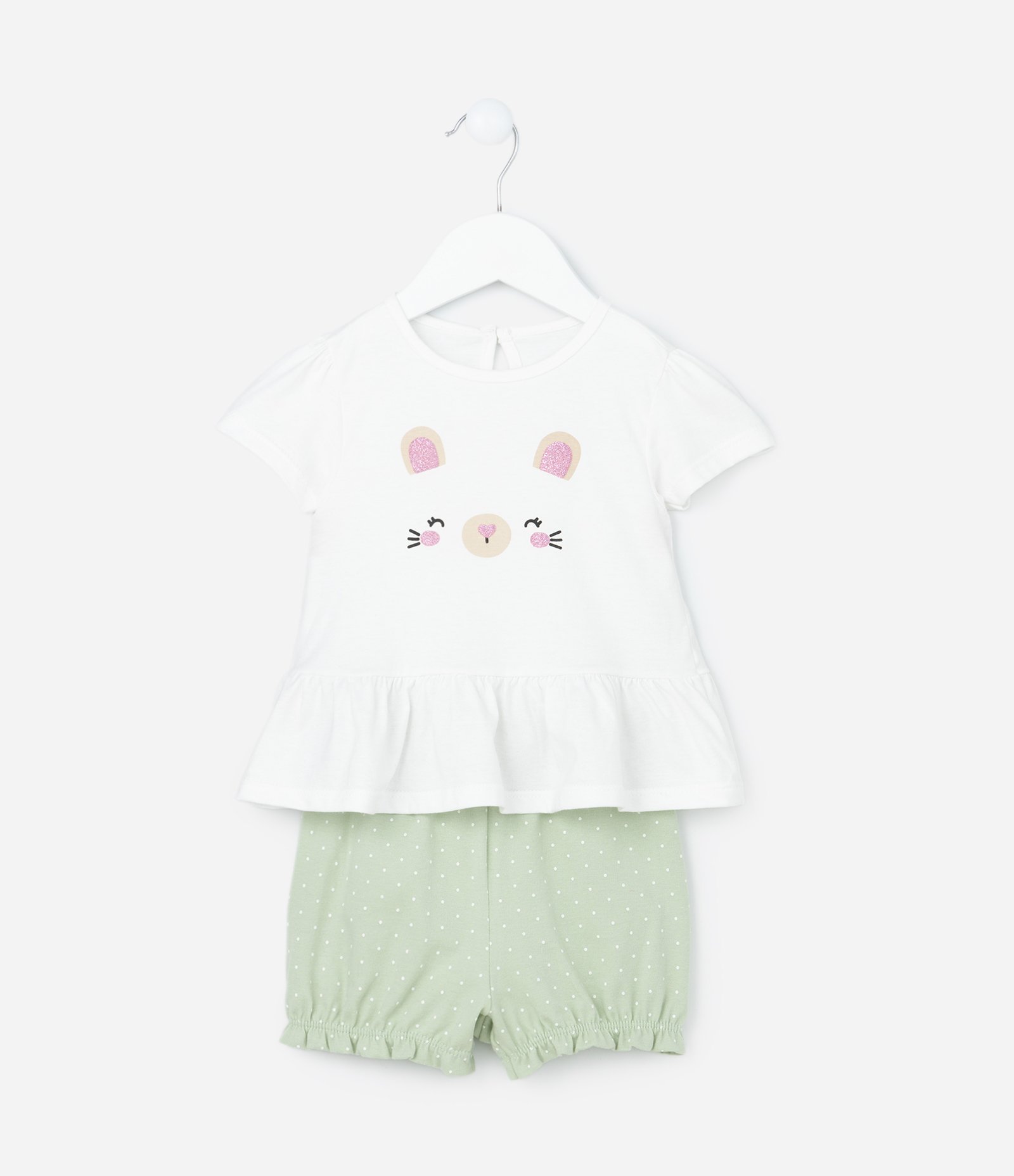 Conjunto Infantil com Estampa Poá e Carinha de Bichinho - Tam 0 a 18 meses Branco/Verde 1