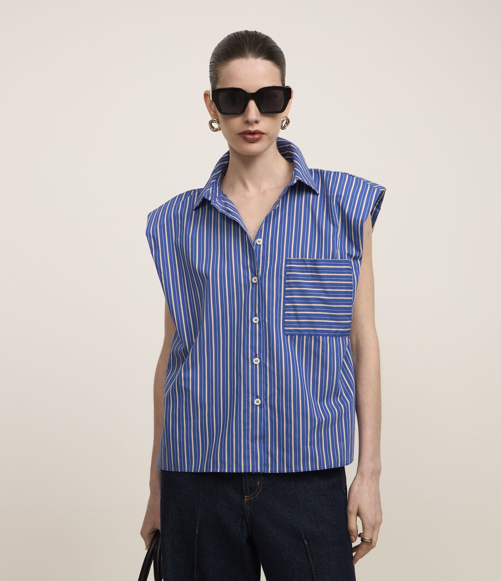 Camisa Sem Manga em Tricoline com Listra a Fio Tinto Azul 1