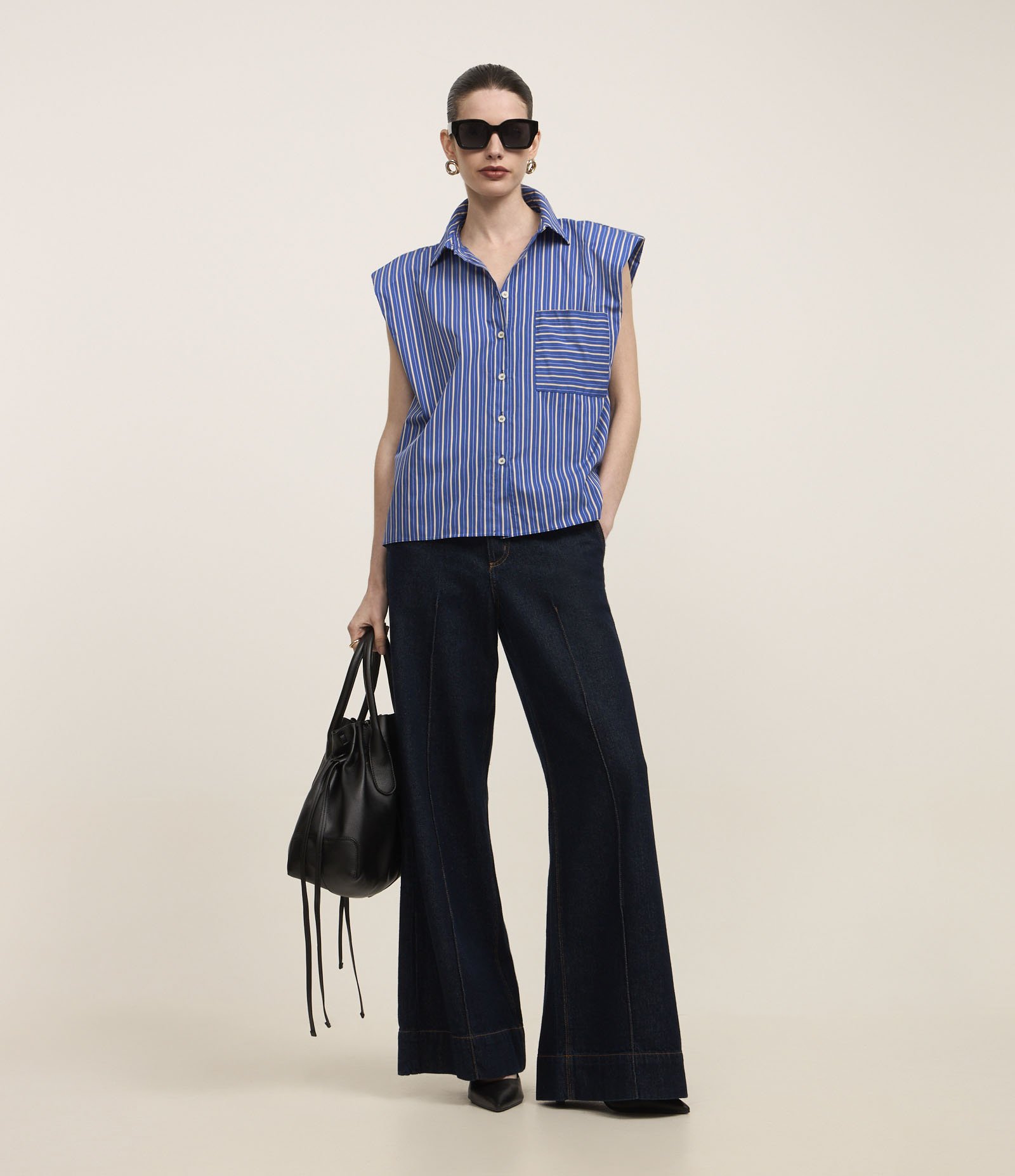 Camisa Sem Manga em Tricoline com Listra a Fio Tinto Azul 2