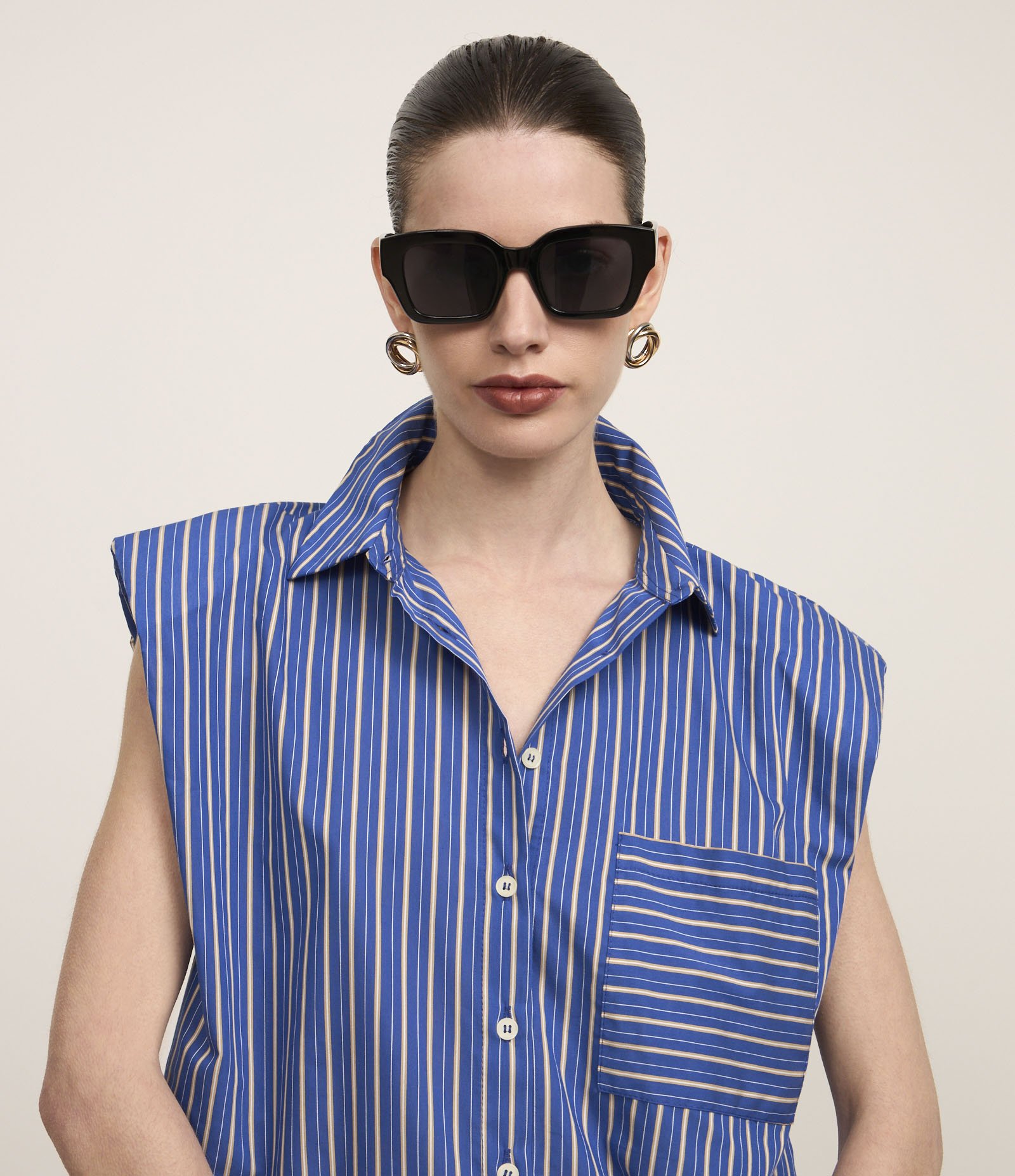 Camisa Sem Manga em Tricoline com Listra a Fio Tinto Azul 3