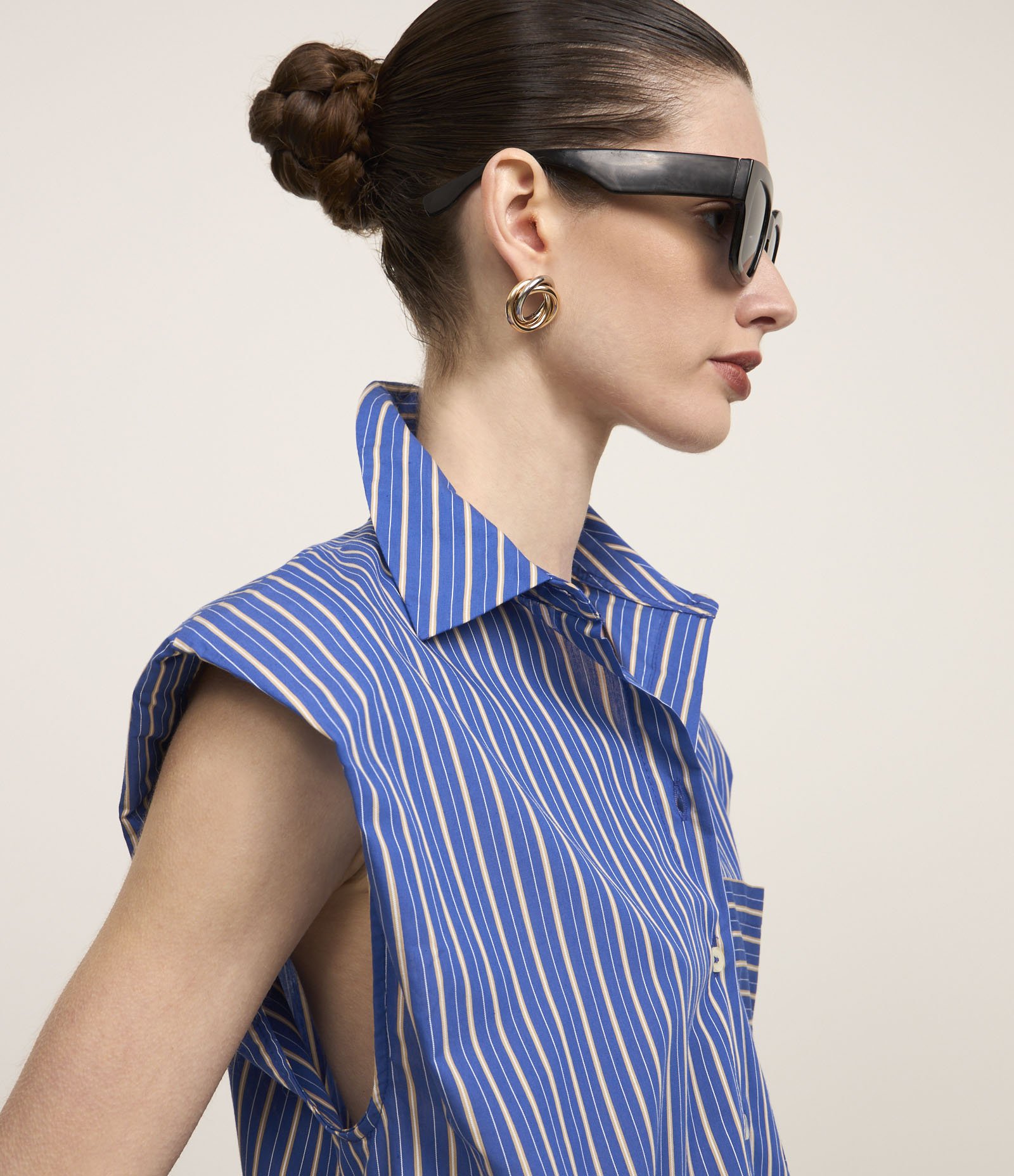 Camisa Sem Manga em Tricoline com Listra a Fio Tinto Azul 4