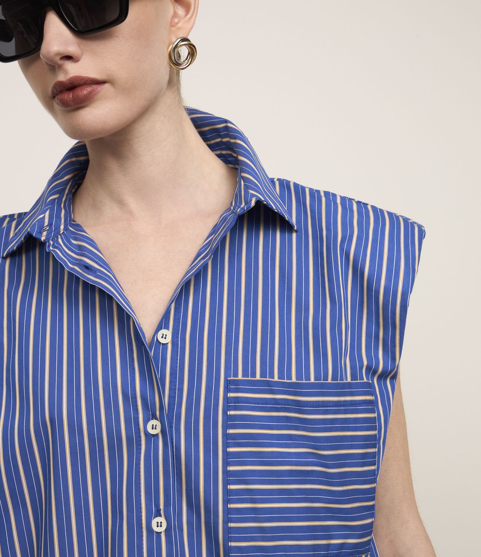 Camisa Sem Manga em Tricoline com Listra a Fio Tinto Azul 5