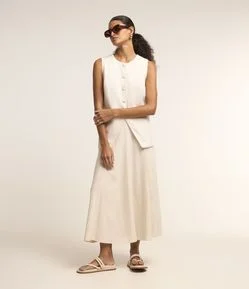 Saia Evasê Longa em Viscose com Linho e Recortes