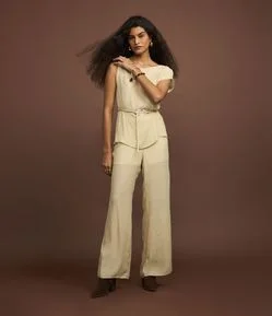 Calça Pantalona Cintura Alta em Viscose com Elástico no Cós