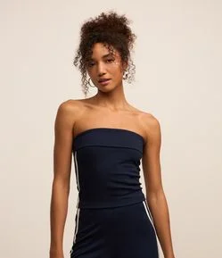 Blusa Cropped em Ponto Roma com Pala na Frente e Listras Laterais