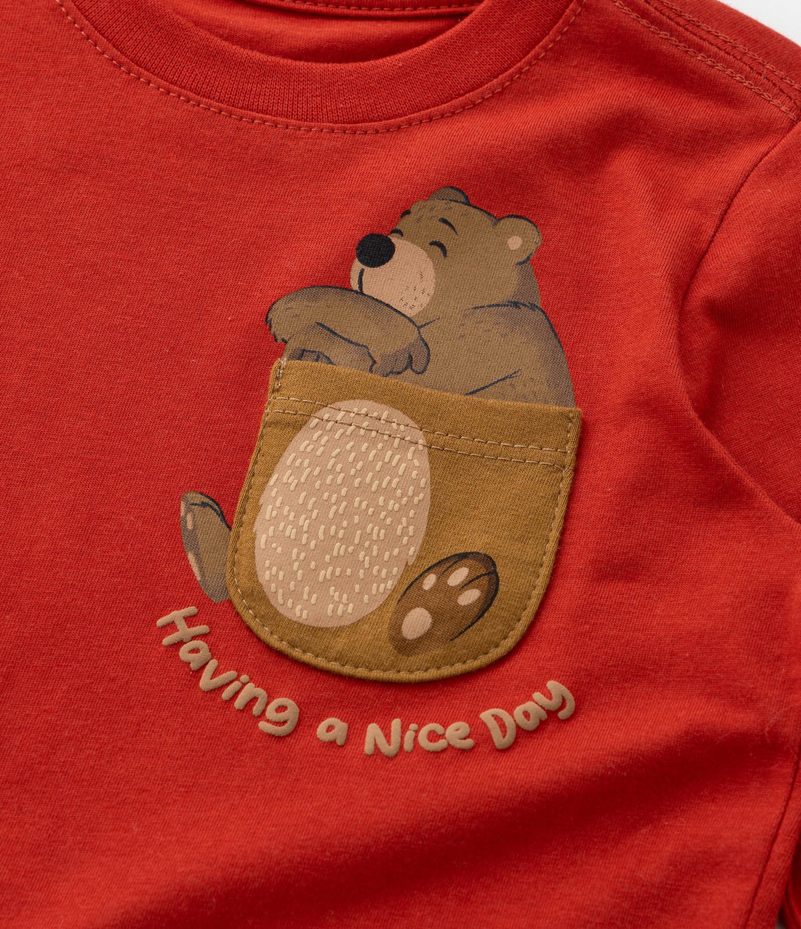 Camiseta Infantil com Bolso Estampado de Urso - Tam 1 a 6 Anos Vermelho 4