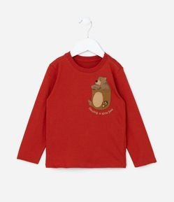 Camiseta Infantil com Bolso Estampado de Urso - Tam 1 a 6 Anos