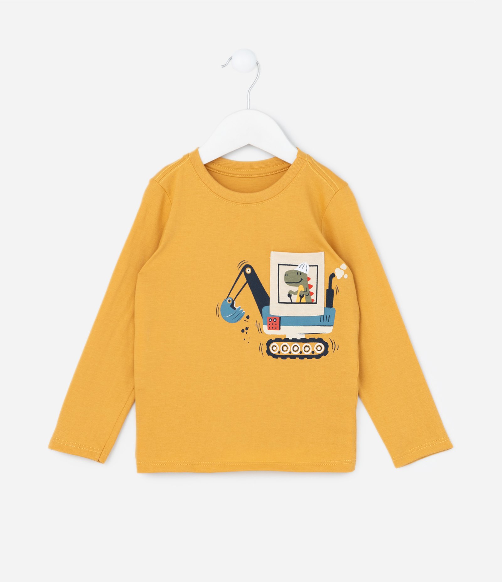 Camiseta Infantil com Bolsinho e Estampa de Dino - Tam 1 a 6 Anos Amarelo 1