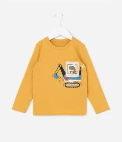 Camiseta Infantil com Bolsinho e Estampa de Dino - Tam 1 a 6 Anos
