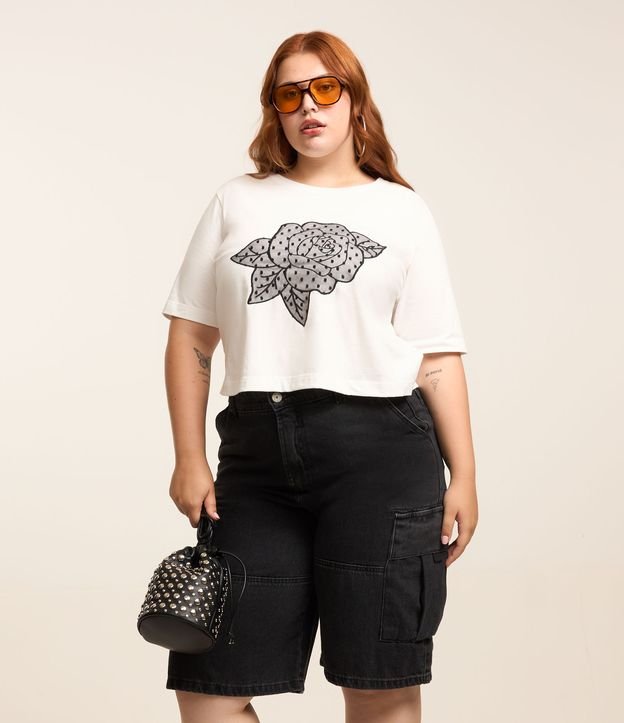 Blusa Boxy Bordada com Flor de Tule Curve & Plus Size