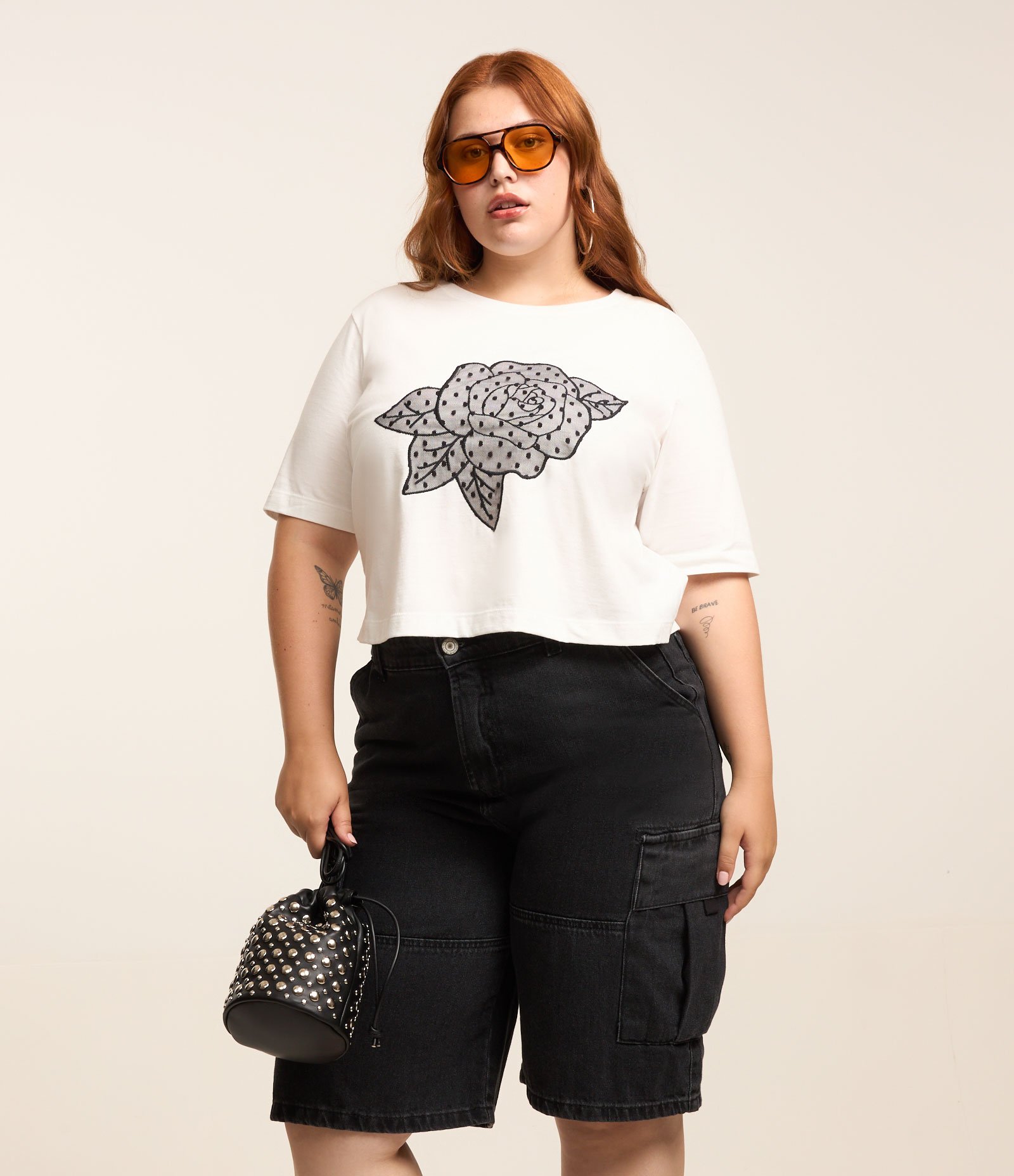 Blusa Boxy Bordada com Flor de Tule Curve & Plus Size Branco 1