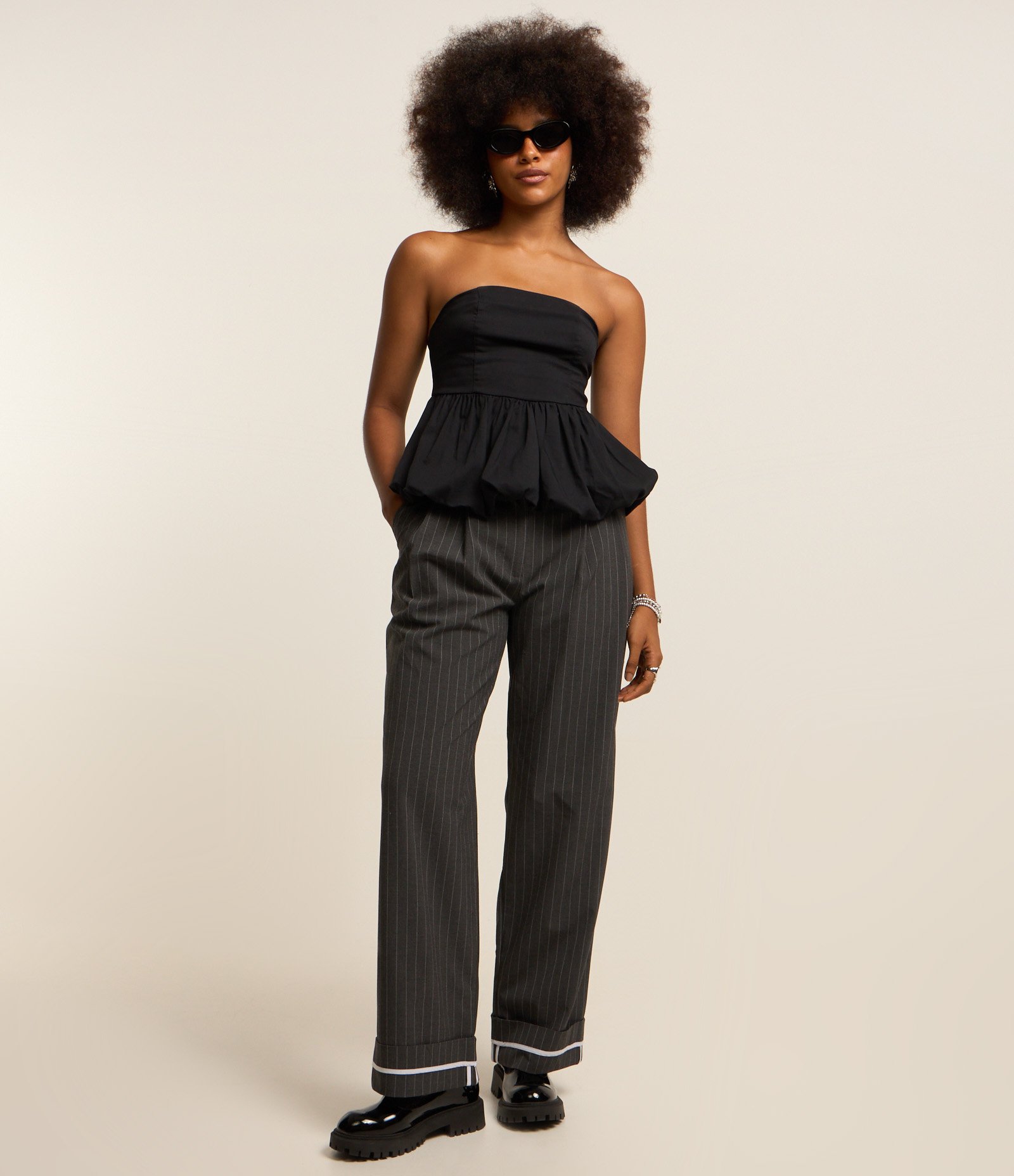 Blusa Balonê em Bengaline com Decote Tomara que Caia Preto 2