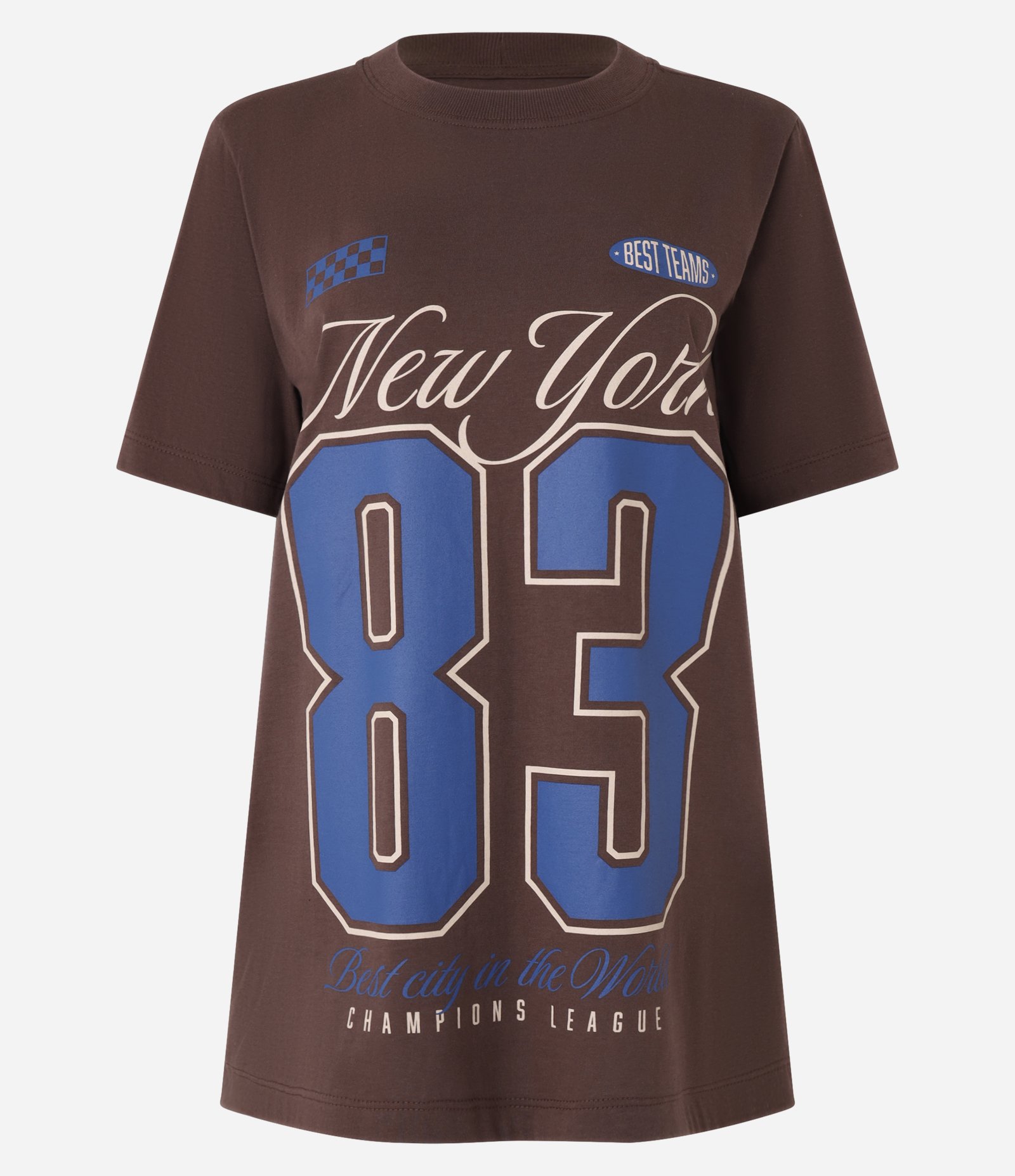 Camiseta Alongada em Algodão com Estampa New York 83 Marrom 1