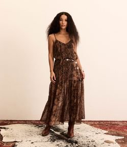 Vestido Boho Long Midi em Crepe com Estampa Serpente