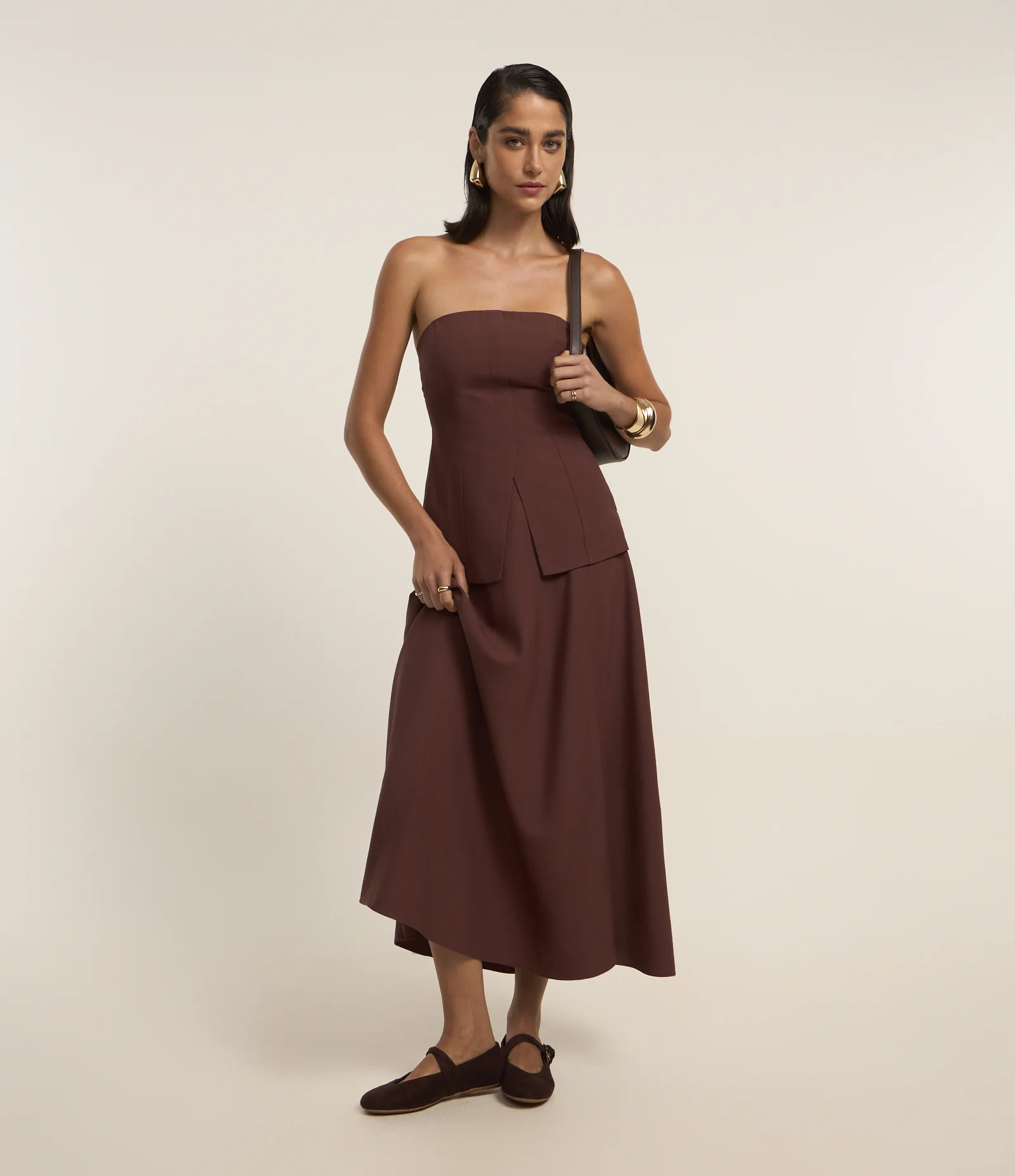 Saia Evasê Midi em Crepe com Cós Fixo Marrom 1