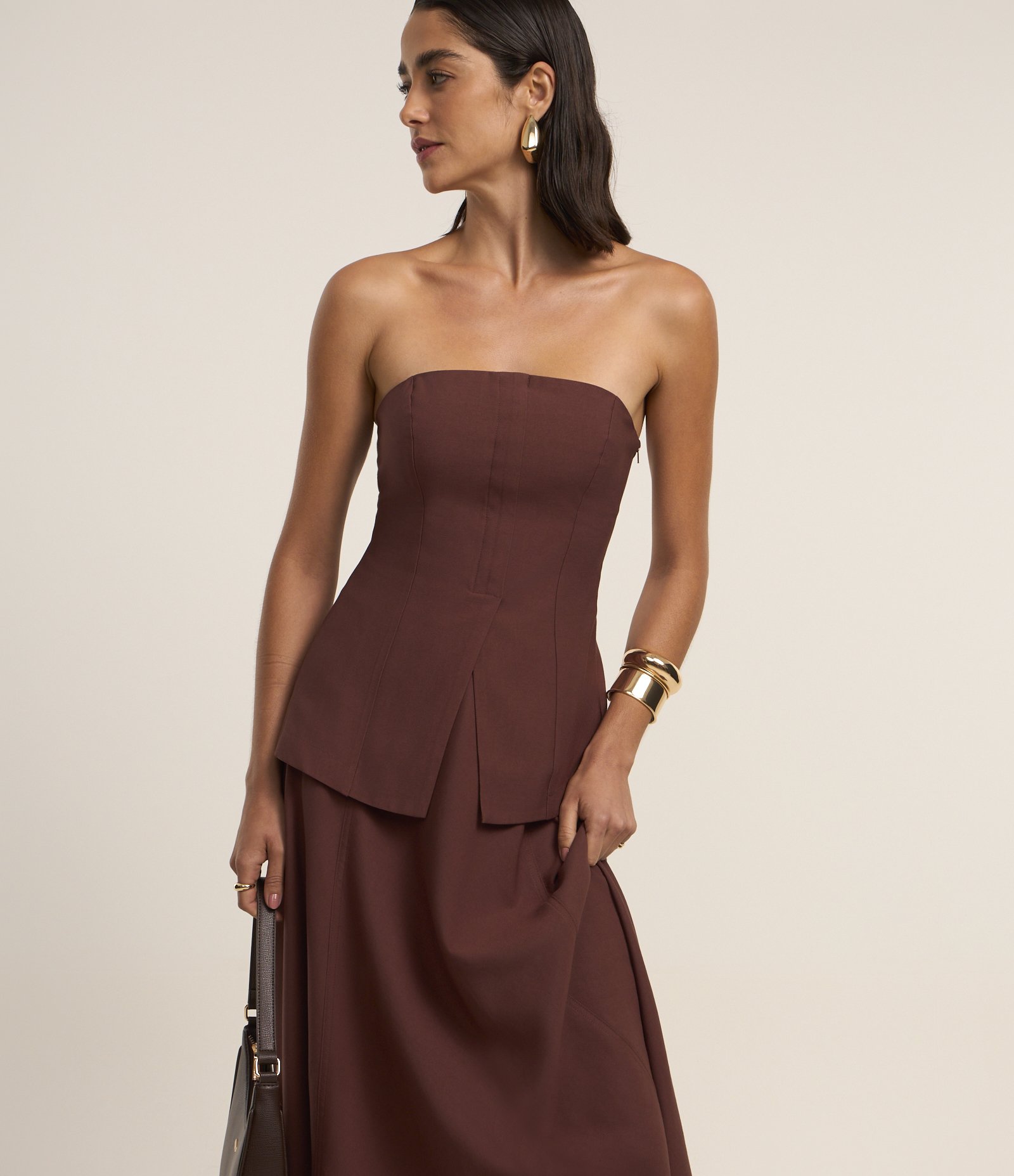 Saia Evasê Midi em Crepe com Cós Fixo Marrom 5