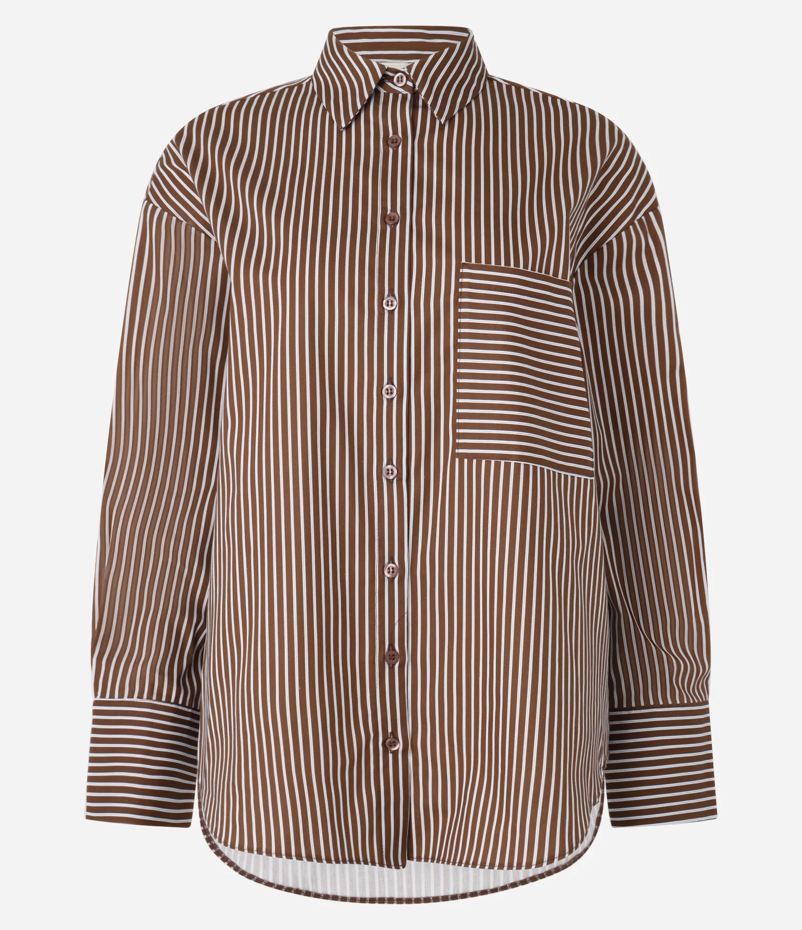 Camisa Oversized em Tricoline com Bolso e Listras Fio Tinto Marrom 1