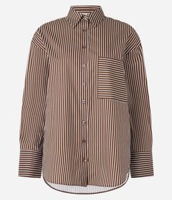 Camisa Oversized em Tricoline com Bolso e Listras Fio Tinto