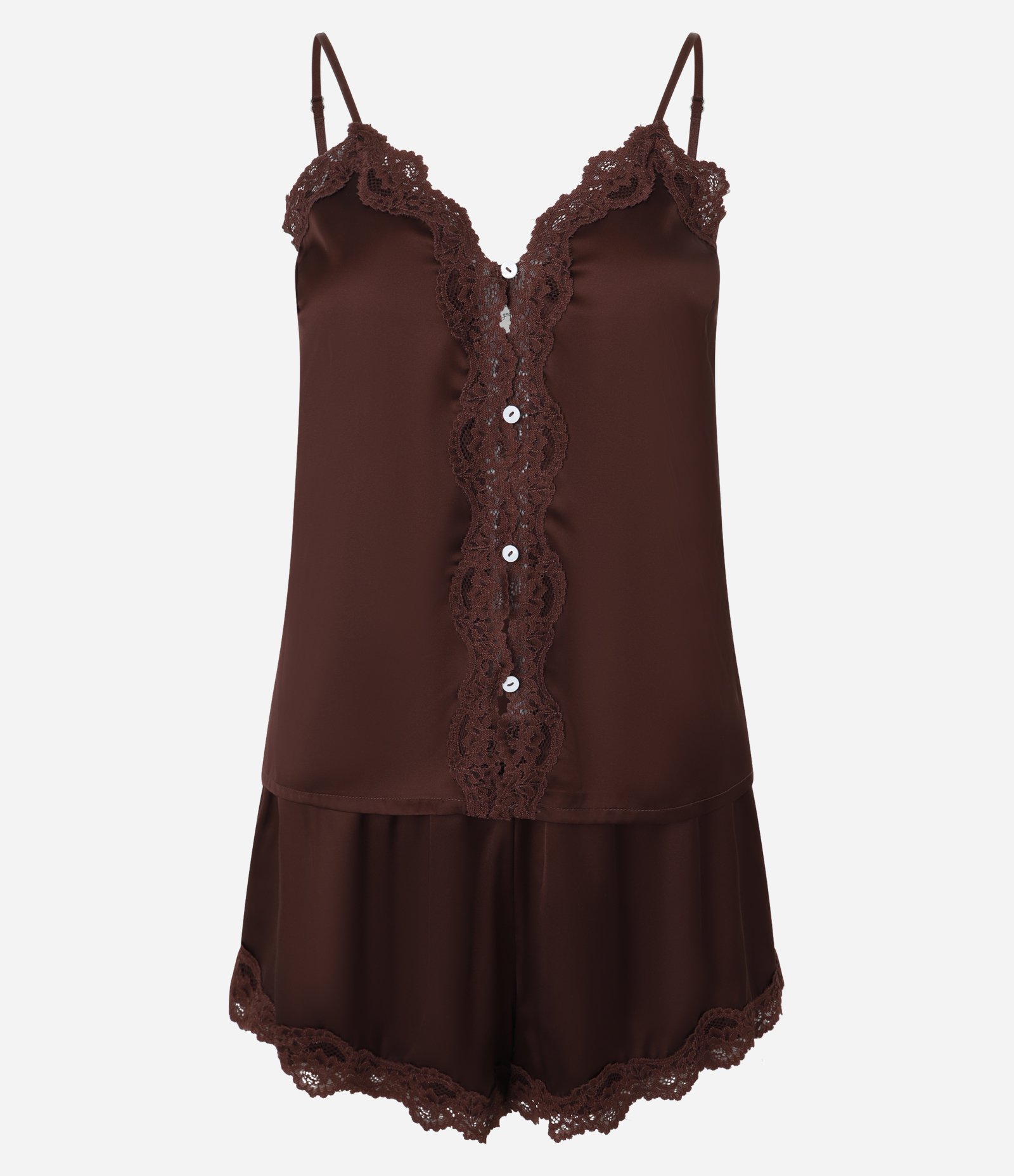 Pijama Short Doll Alcinha em Cetim com Rendinha e Botões Brown Stone 5