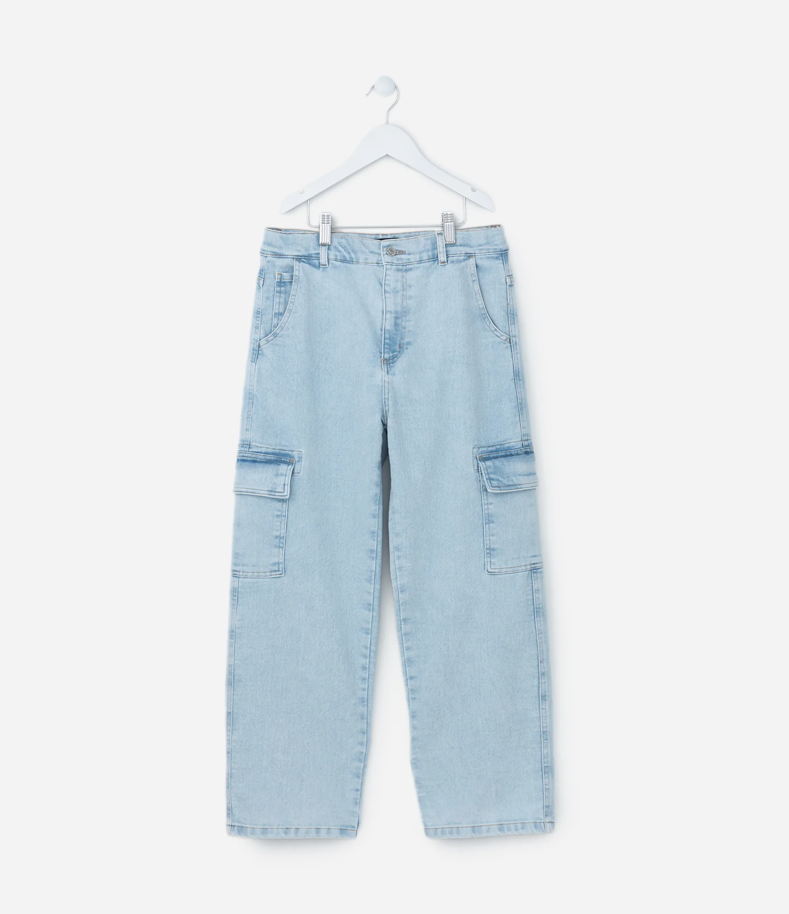 Calça Baggy Infantil Jeans com Bolso Cargo - Tam 7 a 14 Anos Azul 1