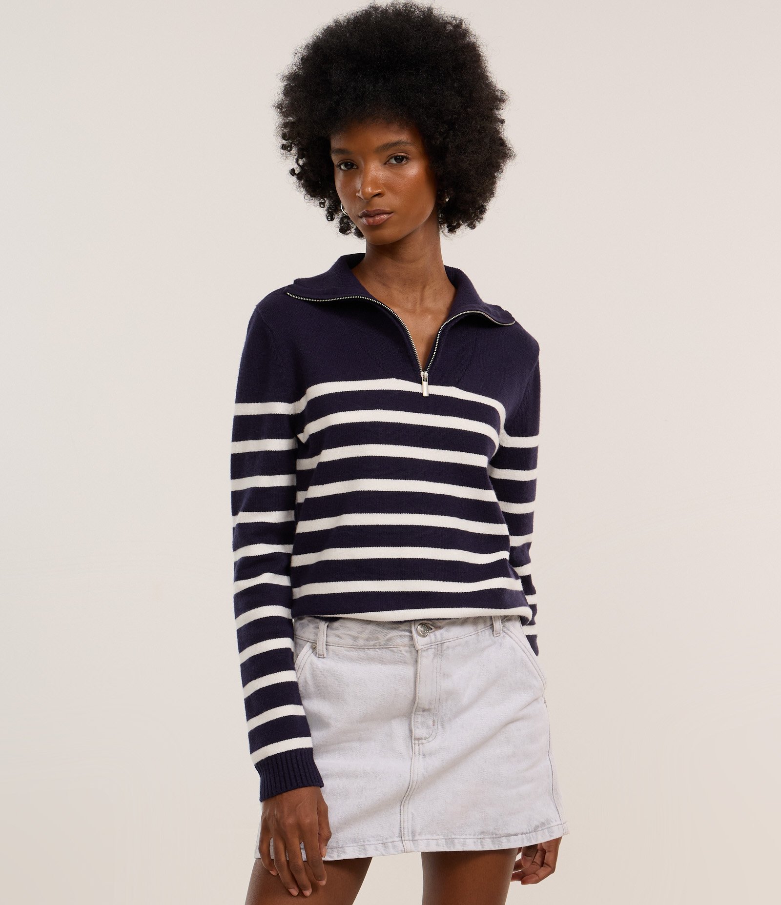 Suéter em Tricô com Listras e Zíper na Gola Azul 3