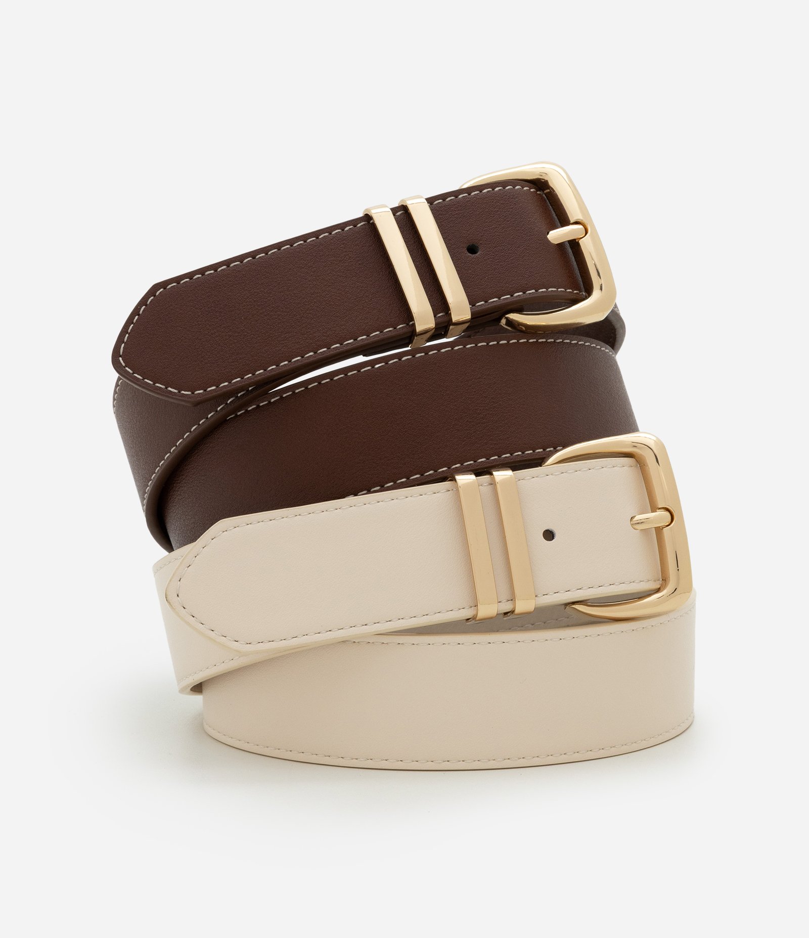 Kit 02 Cintos em PU com Fivela Quadrada Marrom/ Off White 1